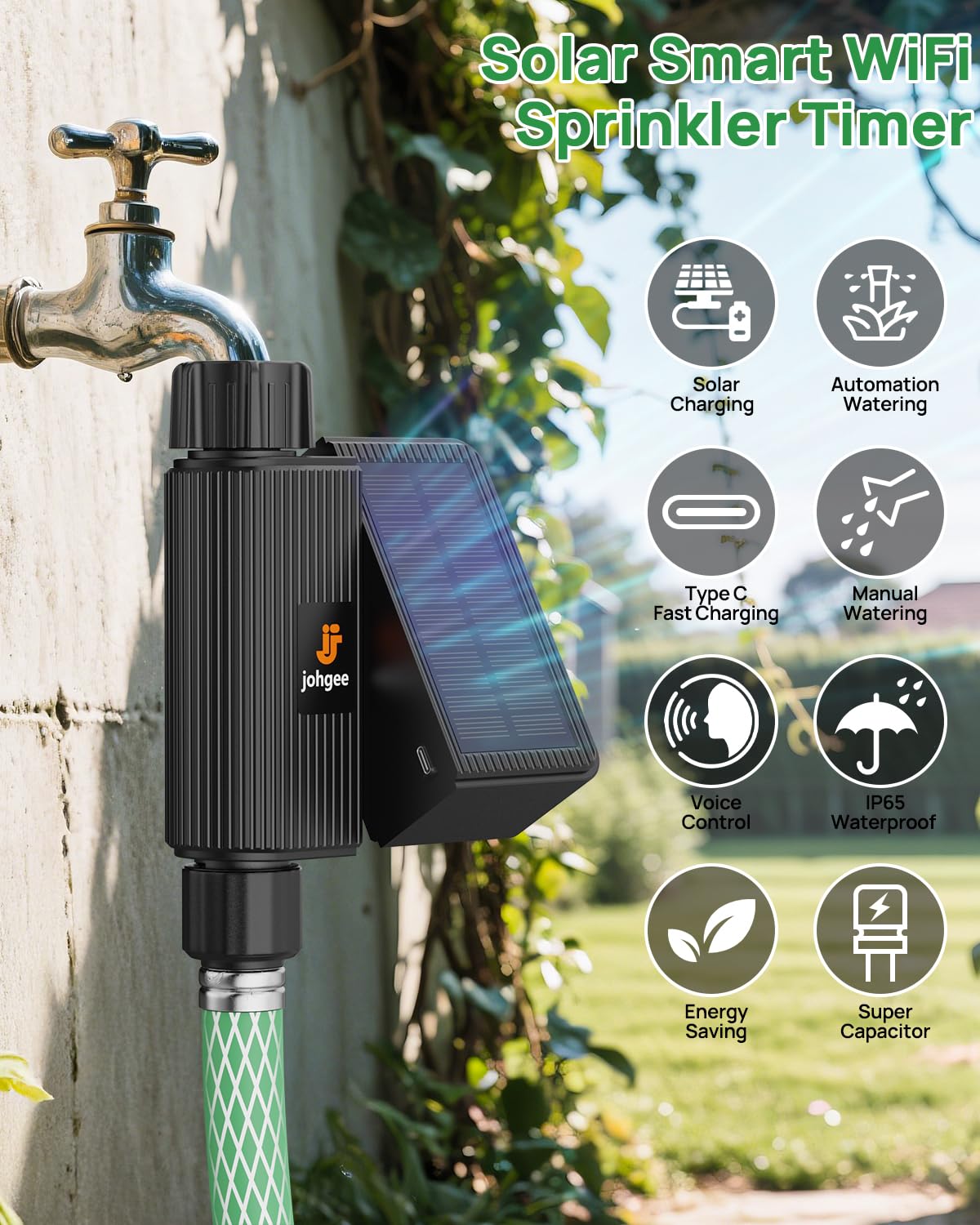 Solar Smart WiFi Sprinkler Timer, WiFi Water Timer for Garden Hose with Rain Delay/Manual/Automatic, Alexa & Smart Life App, Solar Irrigation Sprinkler Controller for Lawns Yard