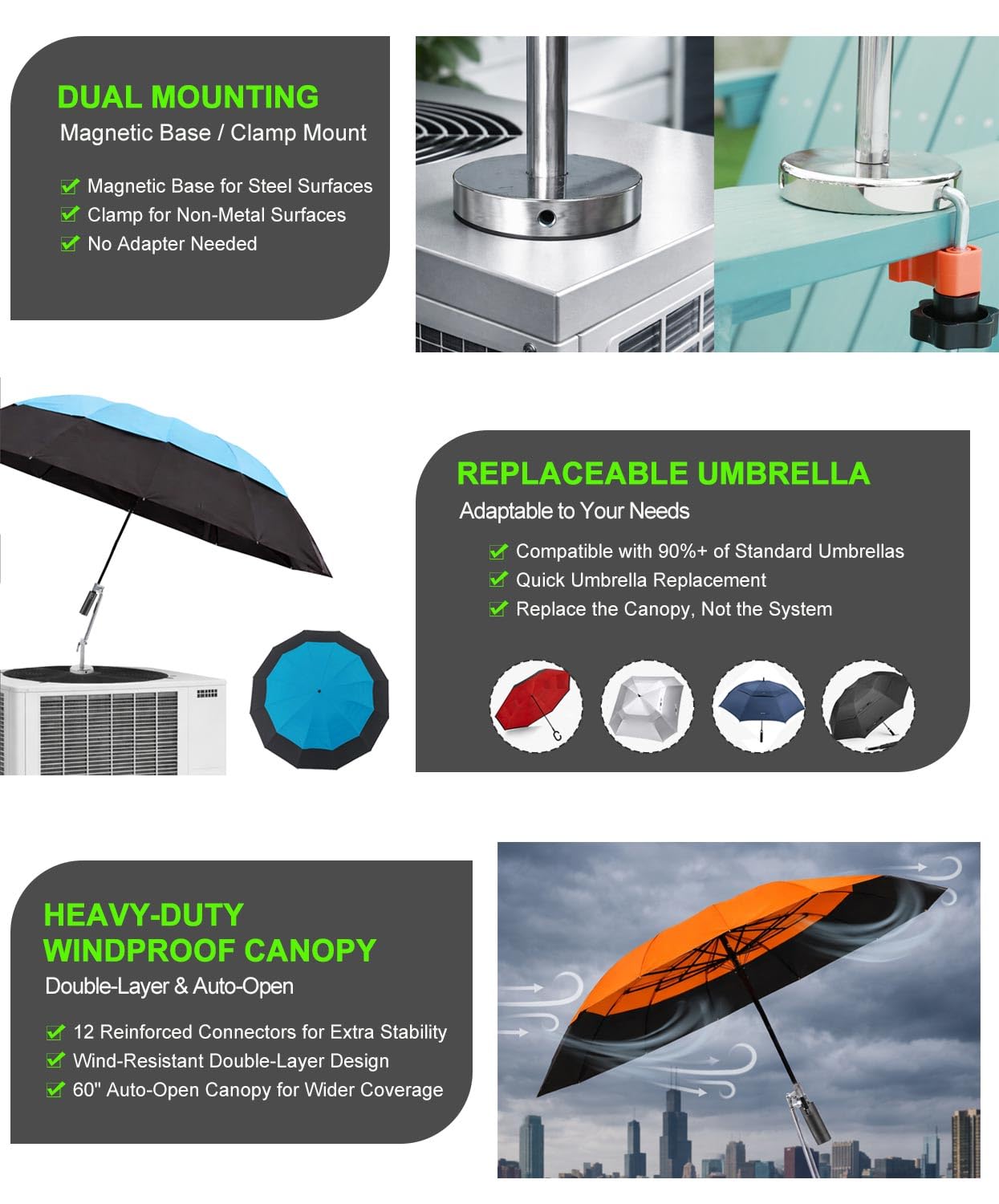 Sexlieu Magnetic Umbrella with Base Kit, Folding HVAC Umbrella with Magnetic Base & Clamp, Stay Cool and Dry for Rooftop & Construction(60in-Sky Blue)