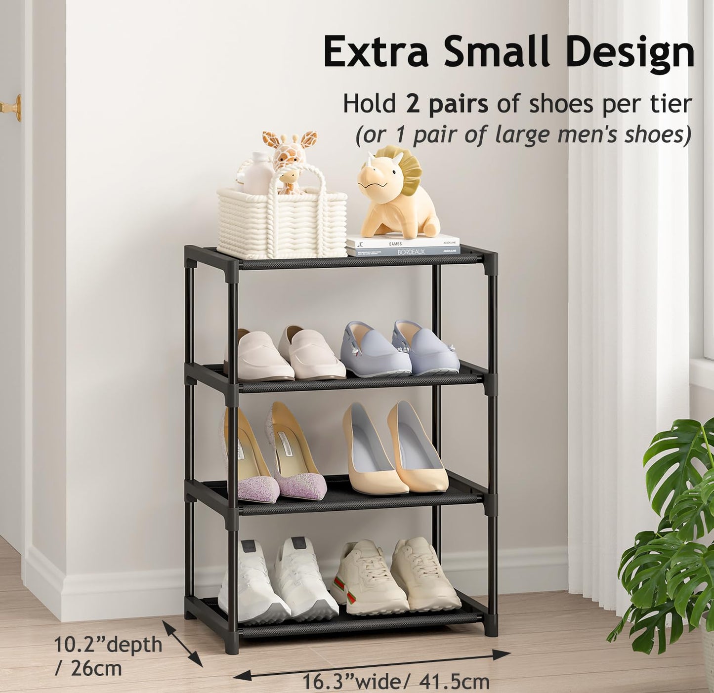 Autonomier 4 Tier Extra Small Shoe Rack (16.3" Wide), Narrow Stackable Kids Toddler Adult Shoe Storage Organizer Shelf for Closet Floor Entryway Bedroom, Space Saver Shoe Rack Organization Shelves
