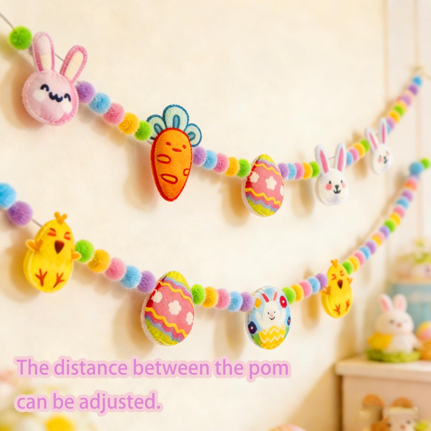 6.5ft Easter Garland Decorations, Handmade Felt Bunny Chick Carrot & Egg Pom Pom Garland, Farmhouse Spring Mantel Decor for Home Fireplace Wall Reusable Easter Banner for Indoor Party