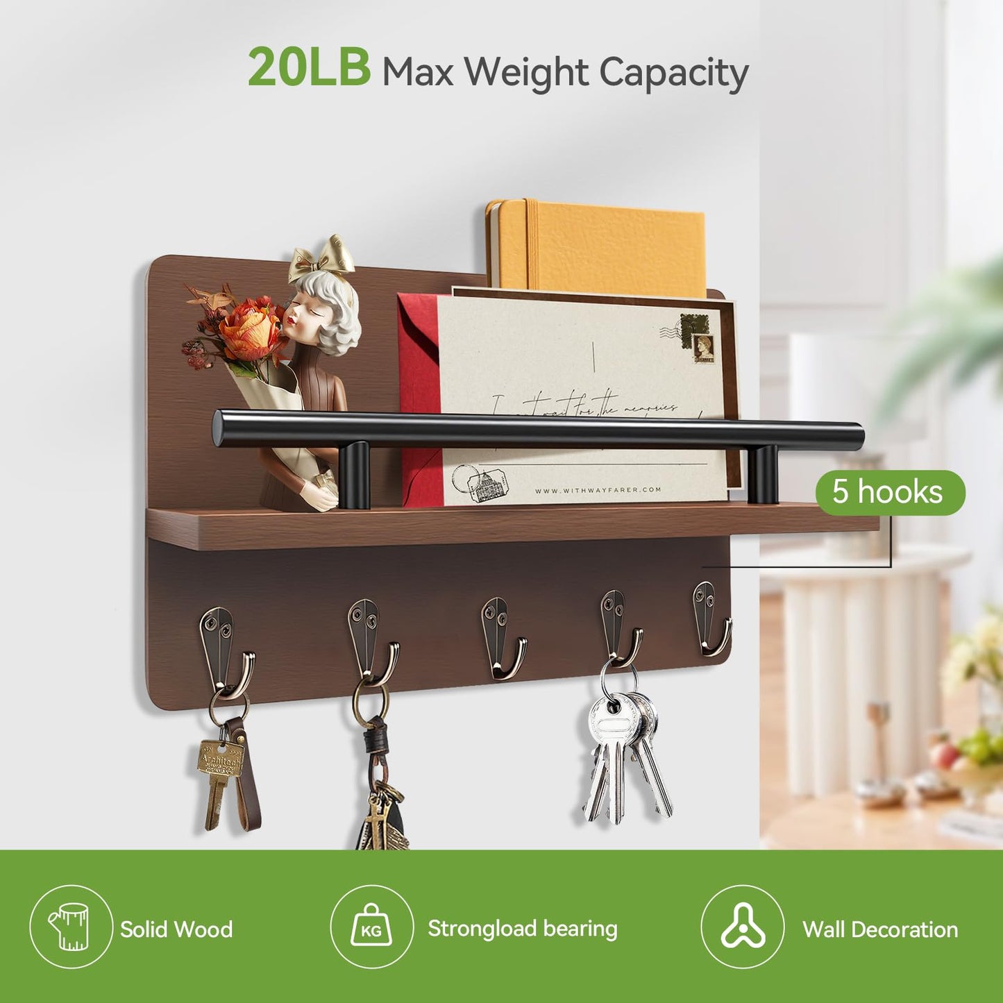 KISENG Key Holder Wall Mount, Decorative Key Rack with Shelf & 5 Sturdy Hooks, Rustic Key Hooks for Wall for Mail Organizer Hanging Dog Leash, Glasses, Wooden Key Hanger with Mounting Hardware