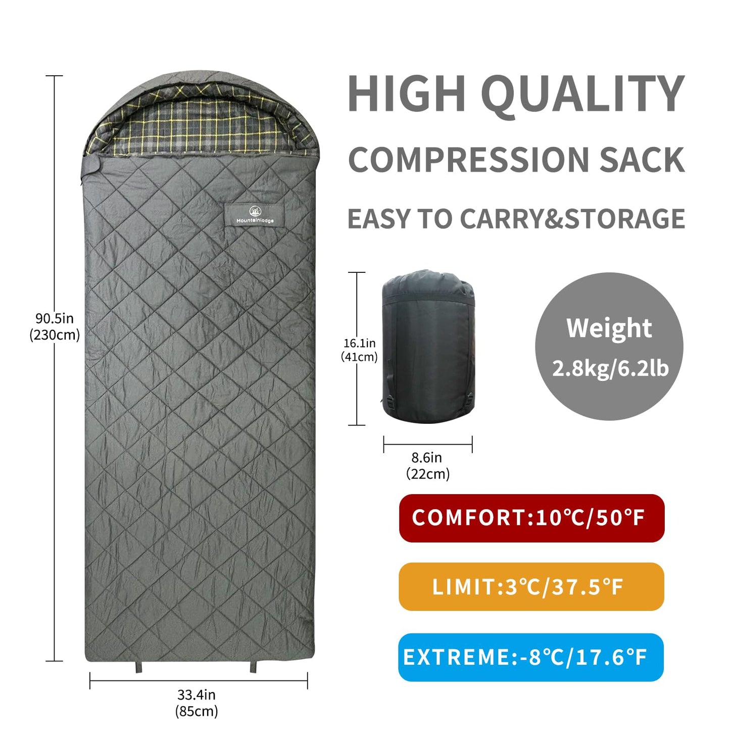 Mountainlodge 100% Cotton Shell and Lining Sleeping Bag for Adult Cold Weather with Compression Bag&Carry Bag for Camping,Travel and Car Camping (Little Grid Grey with Right Hand)
