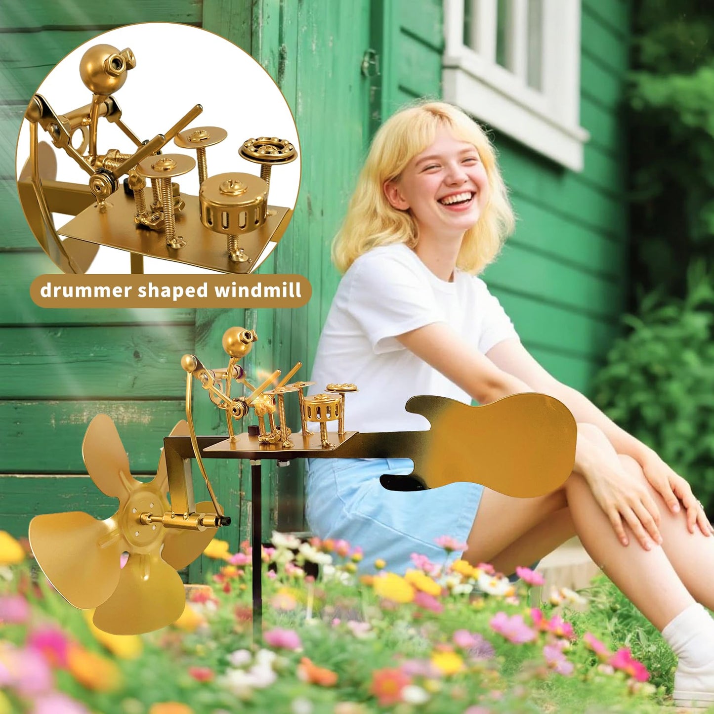 Handmade Metal Drummer Windmill, Rock Art Sculptures, Wind-Powered Kinetic Figurines, Wind Spinners for Garden Yard Lawn Patio Decor, Unique Drummer Statue Gift for Music Lovers