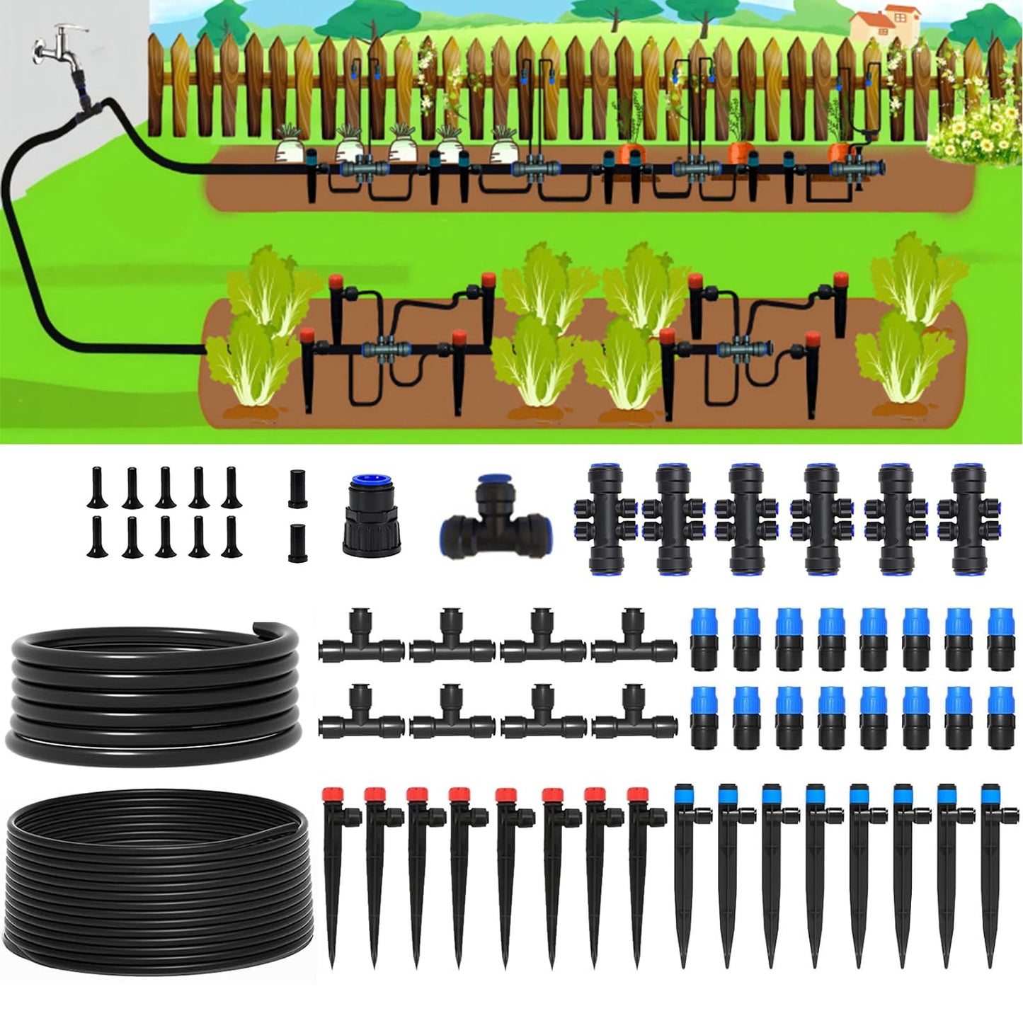 Quick-Connect Automatic Drip Irrigation System Kit – 230FT Garden Watering Kit with Adjustable Nozzles & Sprinklers for Greenhouse, Lawn, and Potted Plants Watering System