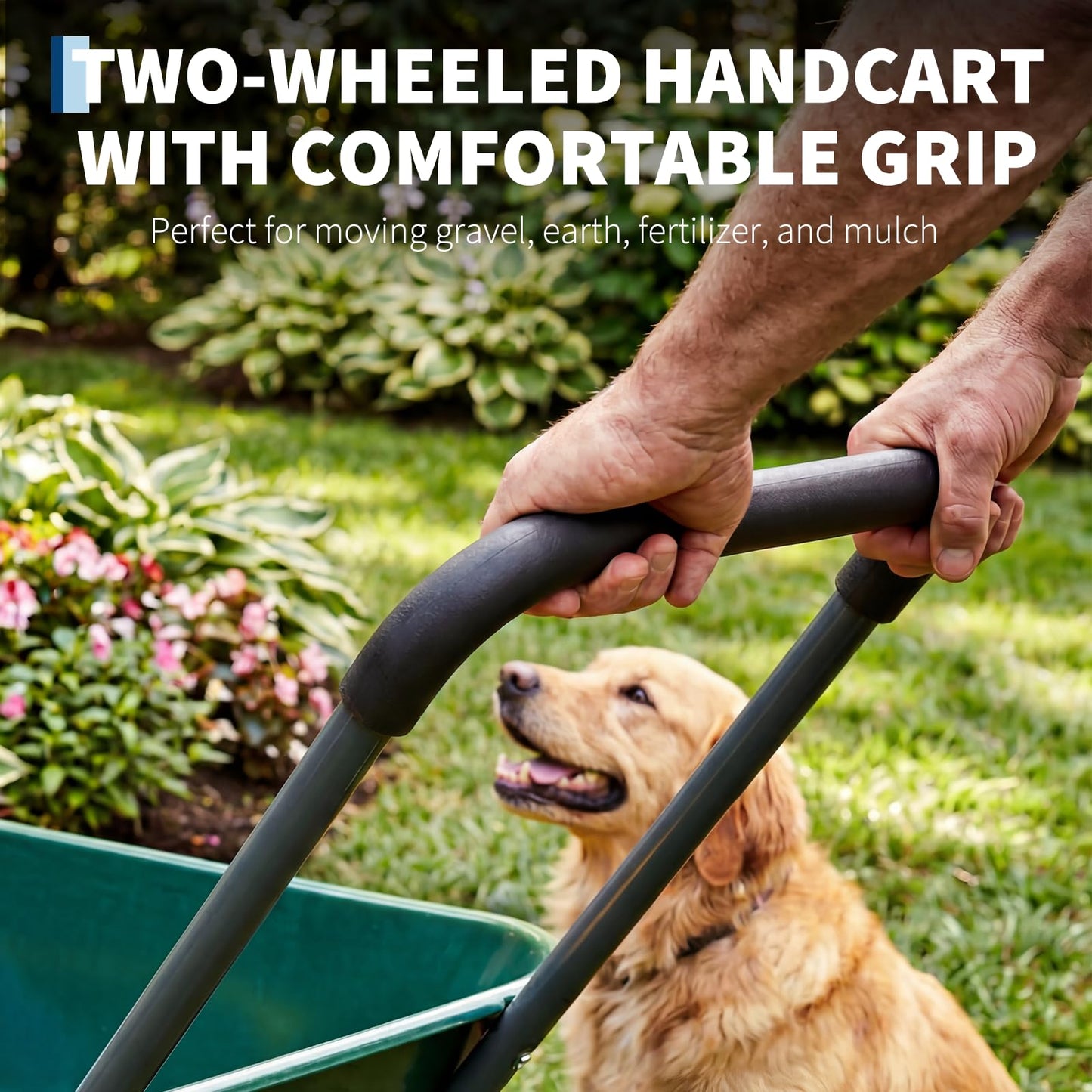 Garden Wheelbarrow Cart, Heavy Duty Utility Cart with Dual Wheels and Built-in Stand, Iron and Plastic Yard Cart for Home, Lawn and Garden