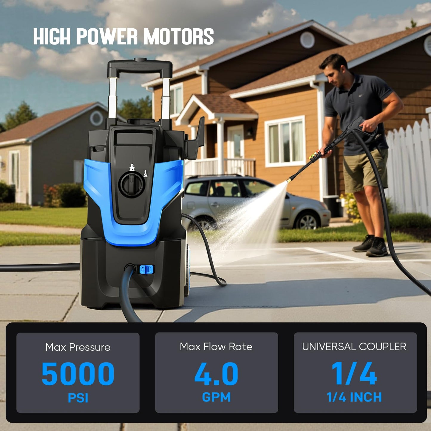 5000PSI Heavy Duty Pressure Washer, 3-Speed Adjustable Power Washer with 2-Stage Pull Rod, 4 Nozzles, Foam Cannon & 500ml Soap Bottle for Car, Home & Outdoor Cleaning,Blue