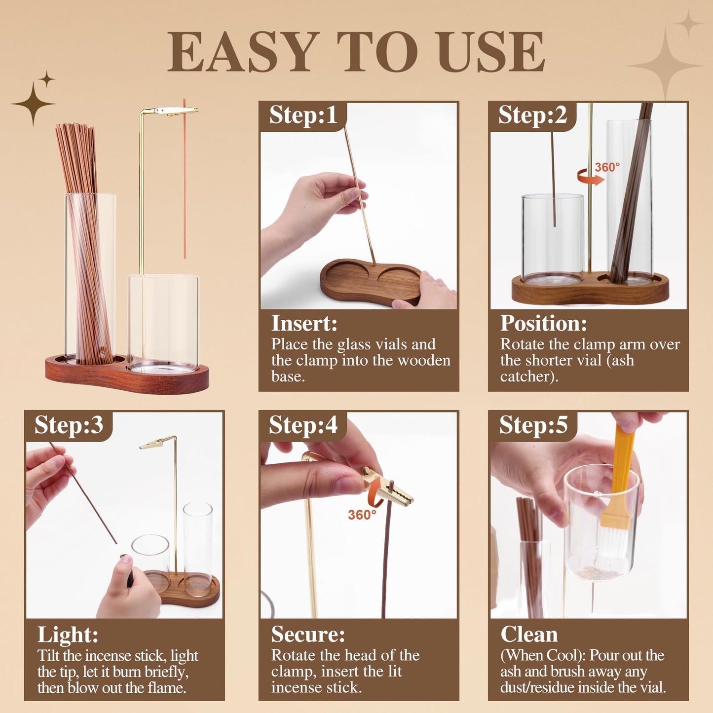 2 in 1 Incense Holder for Sticks with Glass Ash Catcher, Upside Down Anti-Ash Incense Stick Burner, Modern Vertical Incense Holder for Yoga, Spa, Meditation and Home Decor Reddish Brown