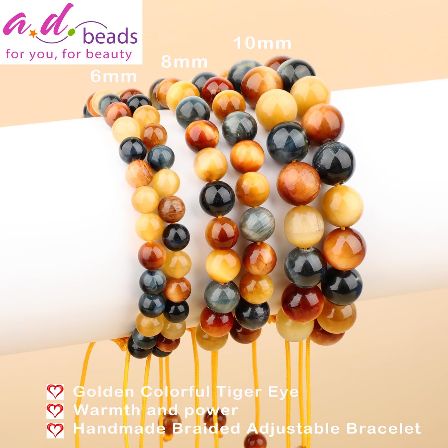 AD Beads 8mm Golden Colorful Tiger Eye - Warmth and power - Handmade Natural Stone Crystal Bracelet with Adjustable Macrame String - Yoga Healing Power Energy Gifts for Men and Women