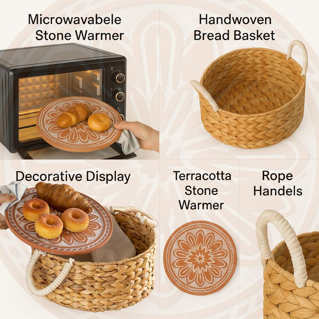 Vintiquewise Handwoven Wicker Bread Basket with Terracotta Stone Warmer & Rope Handles for Kitchen Dining Table & Home Party Use Ideal for Sourdough Bread Rolls Snacks & Baked Goods, Floral Design