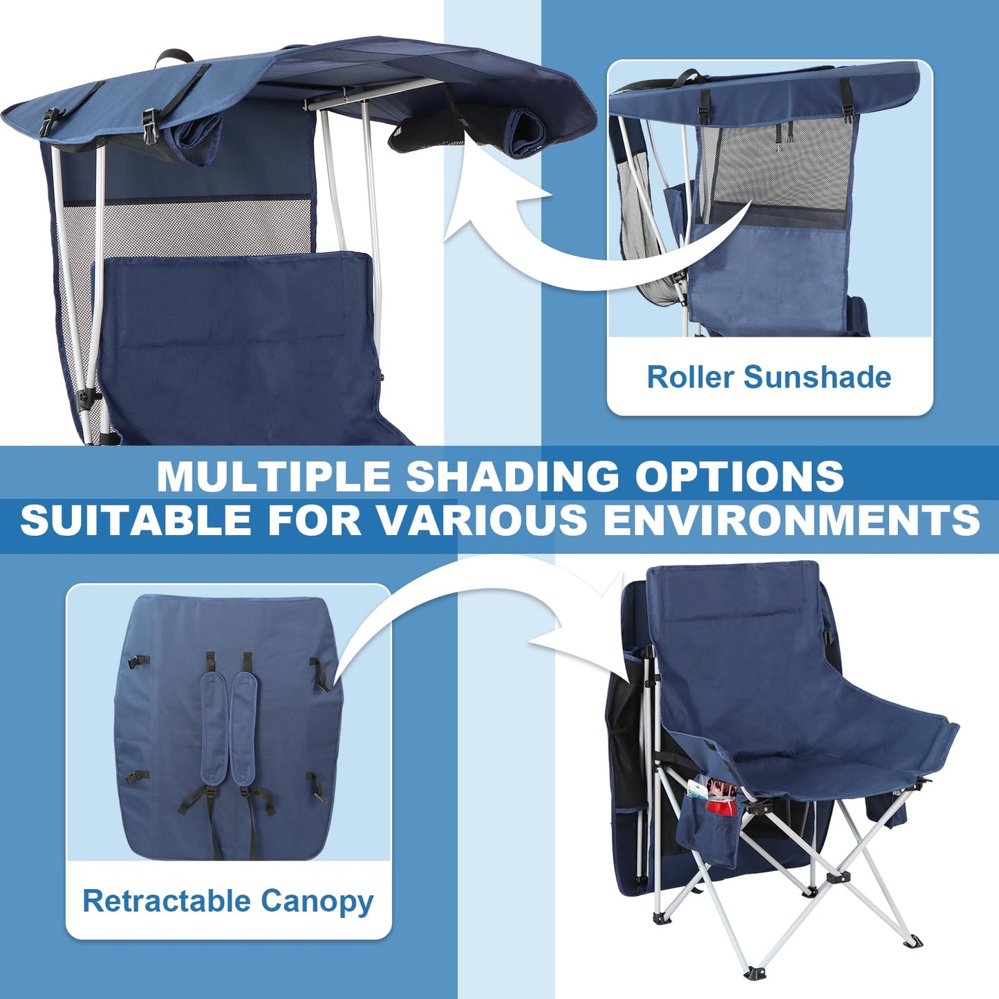Folding Camping Chairs Canopy Outdoor: Sports Portable Beach Chair with Canopy-Lawn Beach Chairs with Umbrella for Adults-Camping Chair with Shade for Fishing Camp Heavy Duty (Regular, Navy Blue)