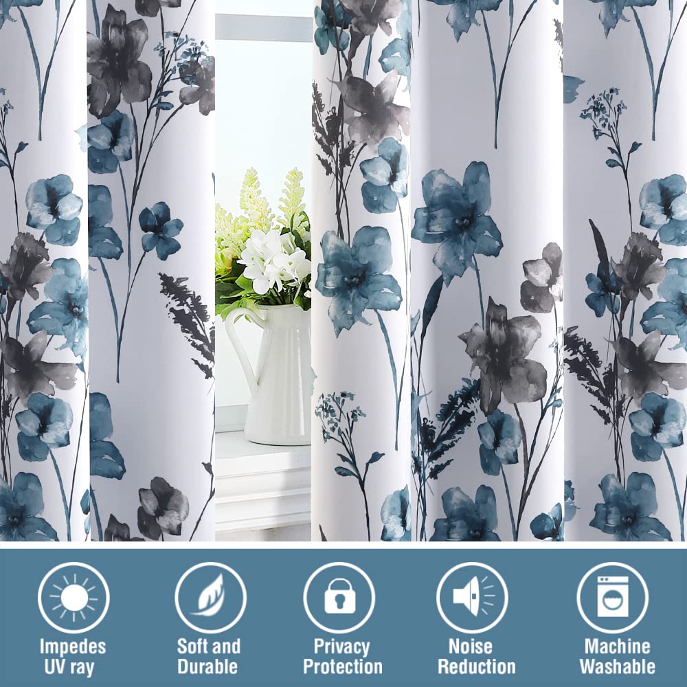 H.VERSAILTEX 100% Blackout Curtains 84 inch Length 2 Panels Set Cattleya Floral Printed Drapes Leah Floral Thermal Curtains for Bedroom with Black Liner Sound Proof Curtains, Grey and Blue