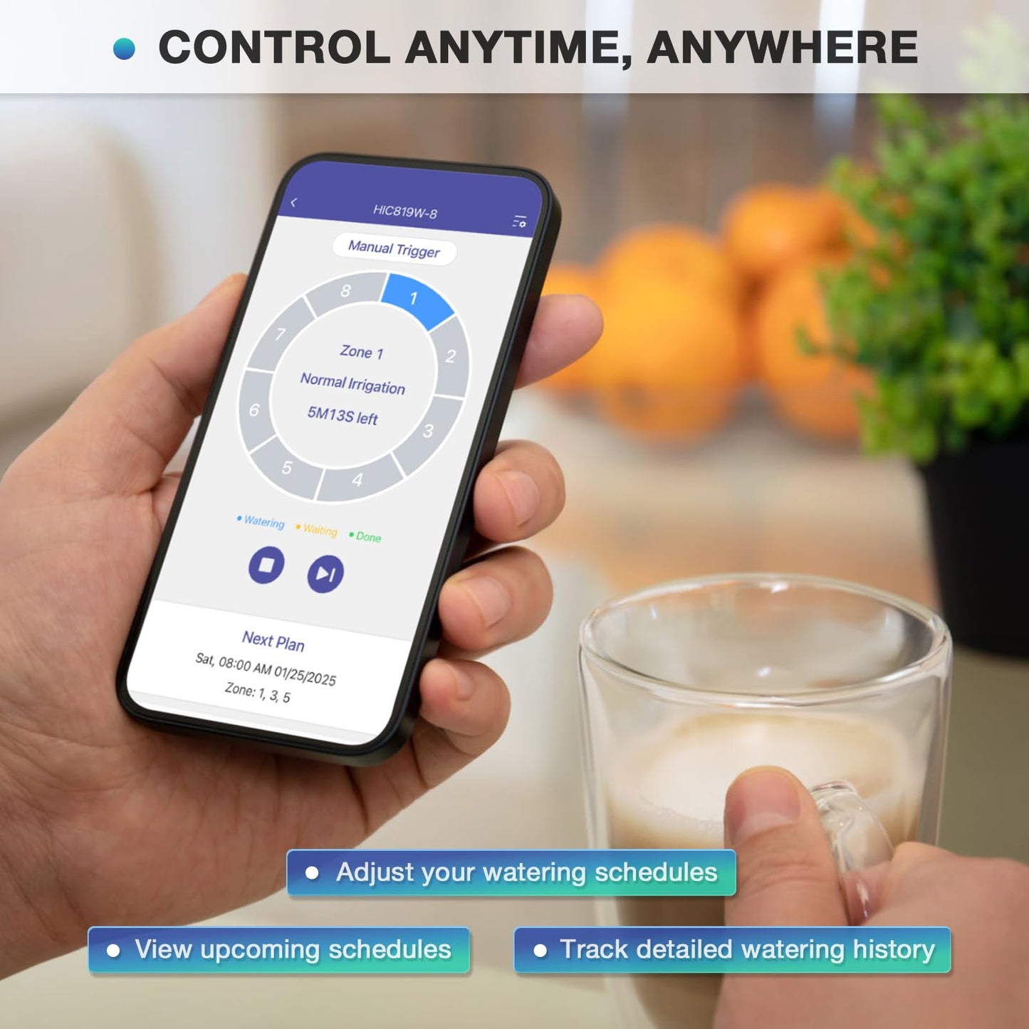 8 Zone Smart Sprinkler Controller with Local Weather Intelligence and Atmosphere Lights, Automated Watering and App Control WiFi Irrigation System, Save Water Through Rain Skip