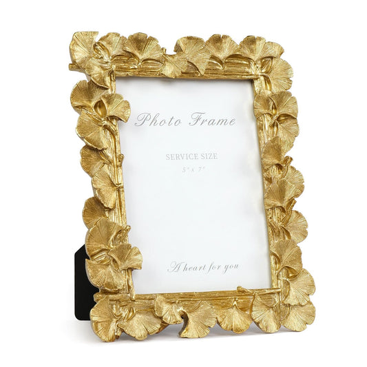 Cuspin 5x7 Picture Frame, Ornate Vintage Gold Photo Frame with Glass Front, Resin Ginkgo Leaf Textured Picture Frames for Tabletop or Wall Mount, Horizontal or Vertical