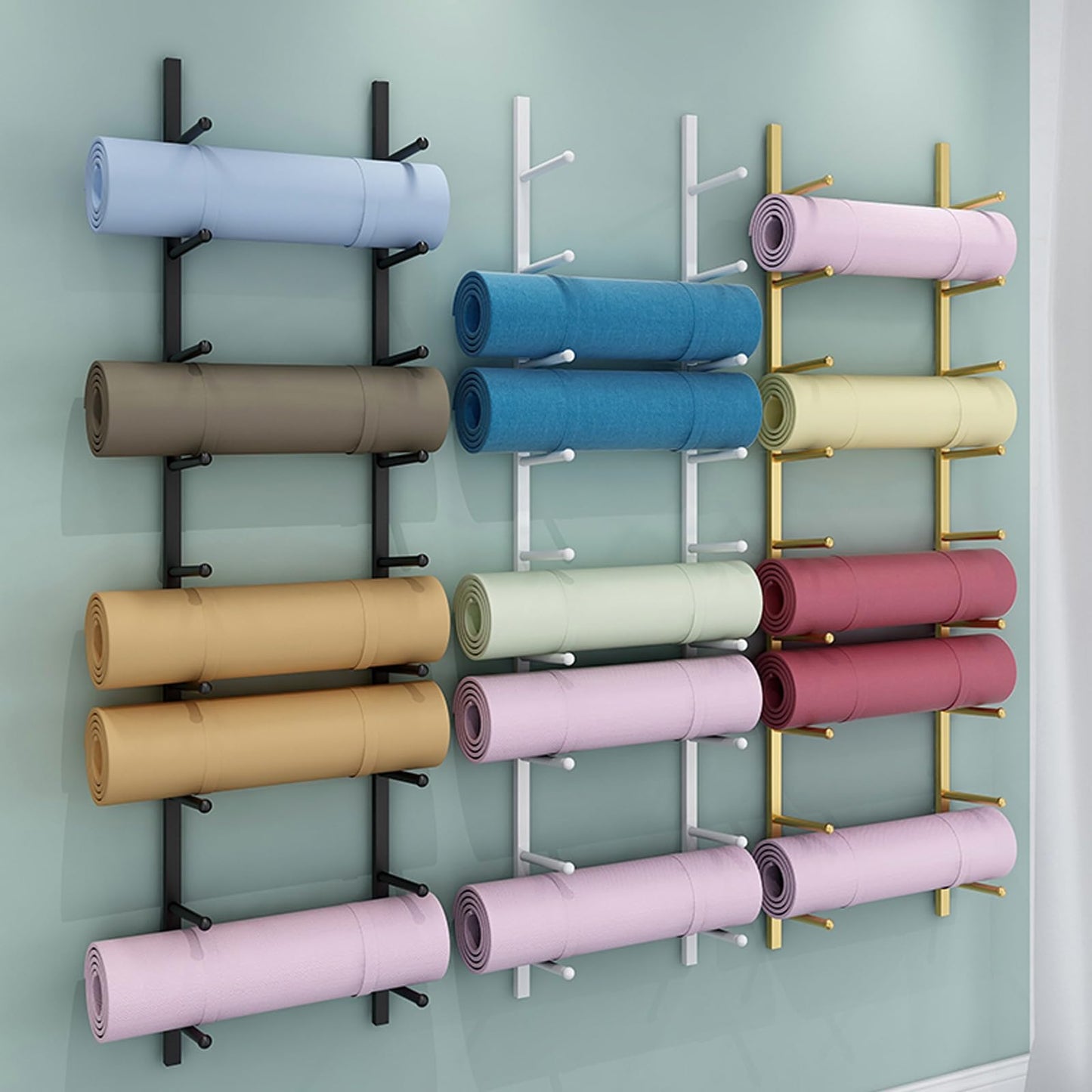 amhricho Yoga Mat Storage Rack, Wall Mounted Yoga Mat Holder, Large Capacity Storage Shelf, Multi-layer Storage, Home Hanging Storage Racks, Suitable for Home, Yoga Studio, Gym, School(Black,6-Tier)
