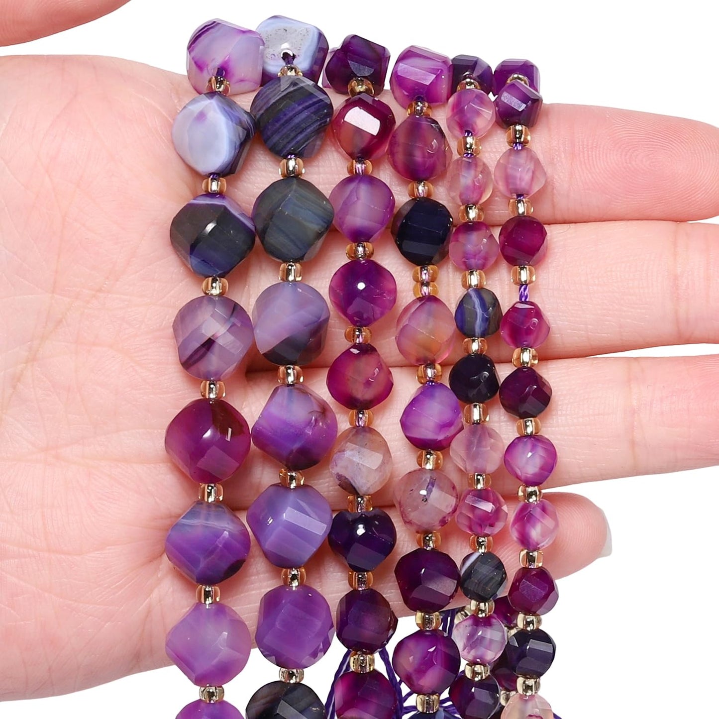 Yochus 42pcs Natural Purple Striped Agate Stone Beads for Bracelet，2strands 6mm Facted Twist Loose Gemstone Beads for Jewelry Making DIY Craft Necklace Earring