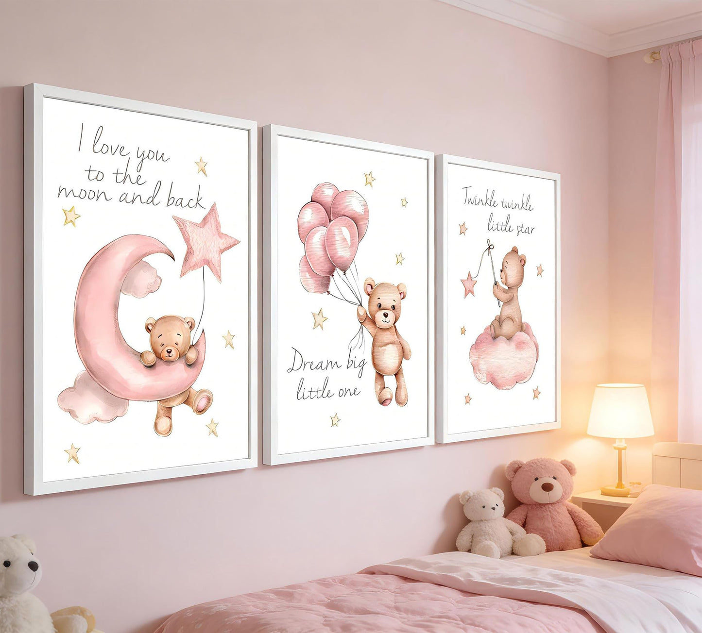 3Pcs Pink Teddy Bear Nursery Wall Art Prints, Dream Big Little One I Love You to the Moon and Back Twinkle Twinkle Little Star Posters, Baby Girl Room Decor for Nursery Playroom 12x16in Unframed