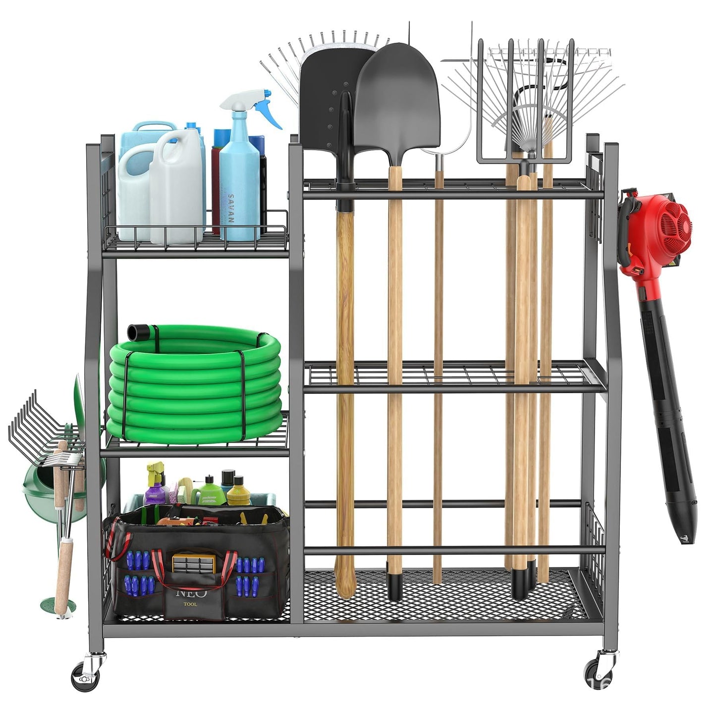 Extra Large Garden Tool Organizer Rack with Wheels, 3x2 Heavy Duty Garage Storage Stand Holds 60+ Tools, Black