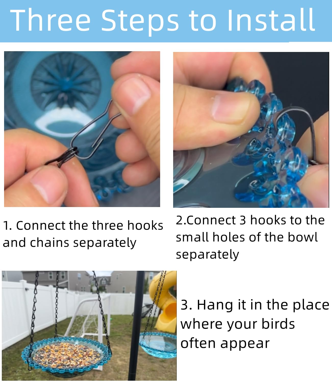 Aiqriwv 2 Pack Hanging Bird Baths and Feeders for Outdoors, Plastic Bird Bath Bowl & Hanging Feeder for Garden Yard Decor,Nature Blue