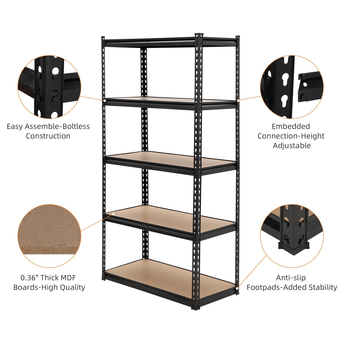 GarveeHome Garage Storage Shelves, 5-Tier Utility Shelves, Adjustable Storage Shelves, Industrial Shelving, Load 3860 LBS Heavy Duty Storage Shelves for Garage Kitchen Basement Laundry Pantry,Black