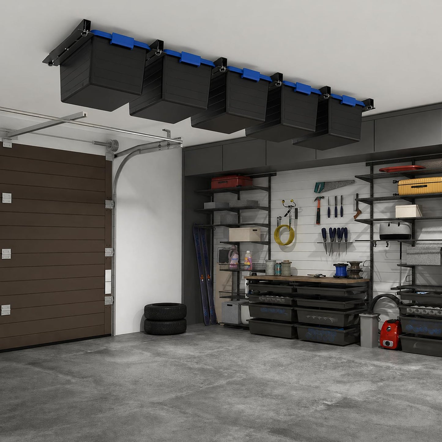 Demimy Overhead Garage Storage Rack, Heavy Duty Ceiling Mount Bin Holder for 7-27 Gallon Tote Storage Container Bins, 17-Inch Black Metal Rails for Organization Shelving System, Iron Material, 6 Pack