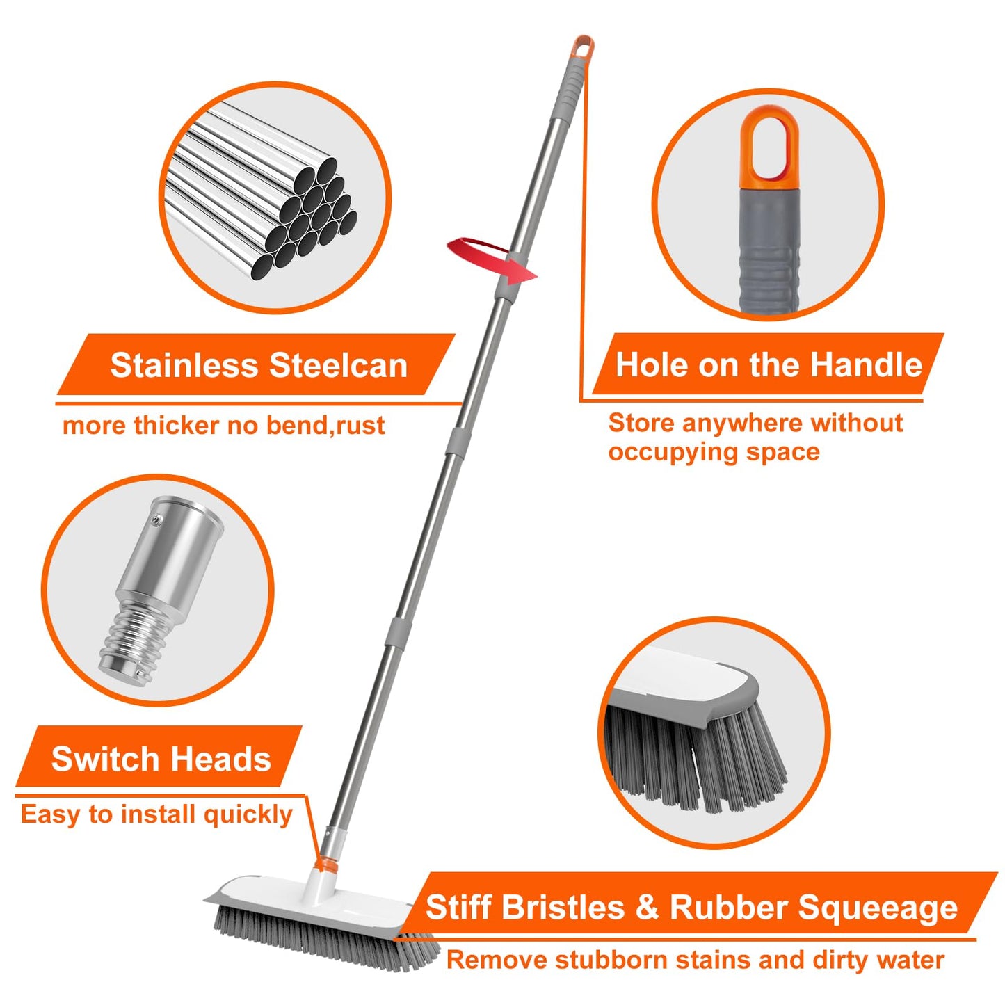 Floor Scrub Brush with Long Handle, Stiff Bristles Deck Brush, BITOPE Multi-Purpose Heavy Duty Hardwood Floor Scrubber, Cleaning Concrete Balcony Patio Garage Outdoor/Indoor