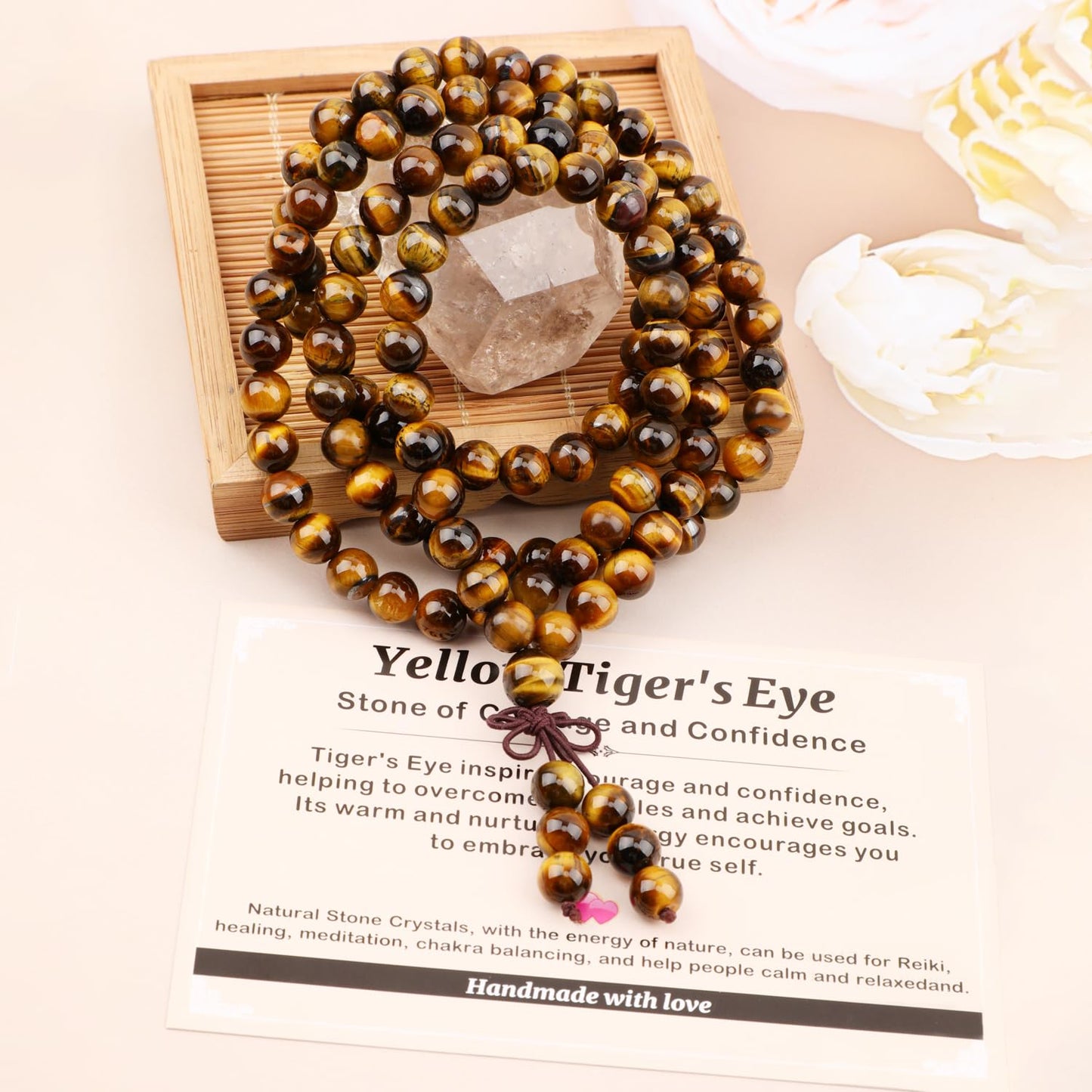 AD Beads 8mm 108 Prayer Mala Yellow Tiger's Eye Elastic Bracelet - Courage and Confidence - Handmade Yoga Meditation Healing Power Energy Gifts for Unisex Adult.