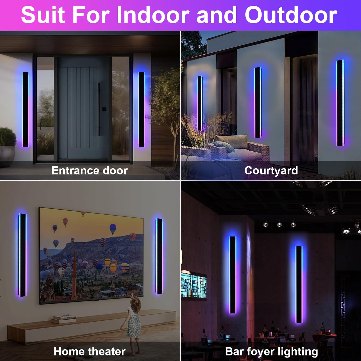 QueeuQ 2 Pack Modern RGB Outdoor Wall Lights for Patio,48 inch Long Outdoor LED Wall Lights,Dimmable LED Long Linear Exterior Lighting,Outside Linear Wall Light for Front Door,Garage,Enterway