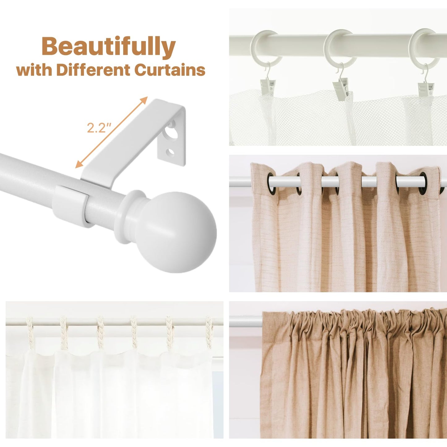 White Curtain Rods for Windows 28 to 48 Inch, Heavy Duty Curtain Rod Set with Brackets, Decorative Adjustable Curtain Rods for Bedroom, Living Room, 5/8" Metal Drapery Rod