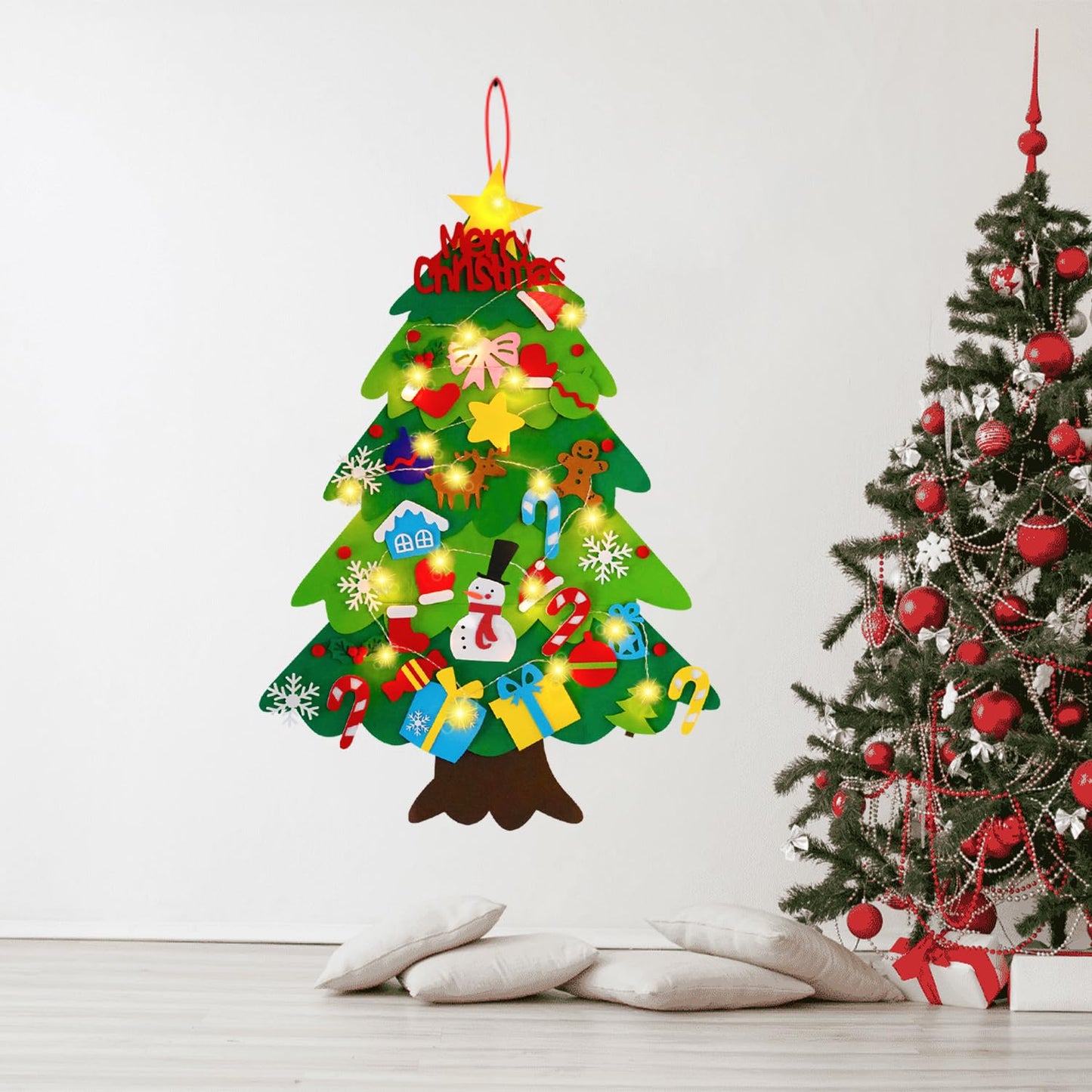 EMPOF Felt Christmas Tree for Toddlers - 3.3ft Felt DIY Tree Set for Kids Wall with Snowflake Lights + 32 Ornaments, Indoor Christmas Home Wall Hanging Decor Decorations, Xmas Activities Gifts