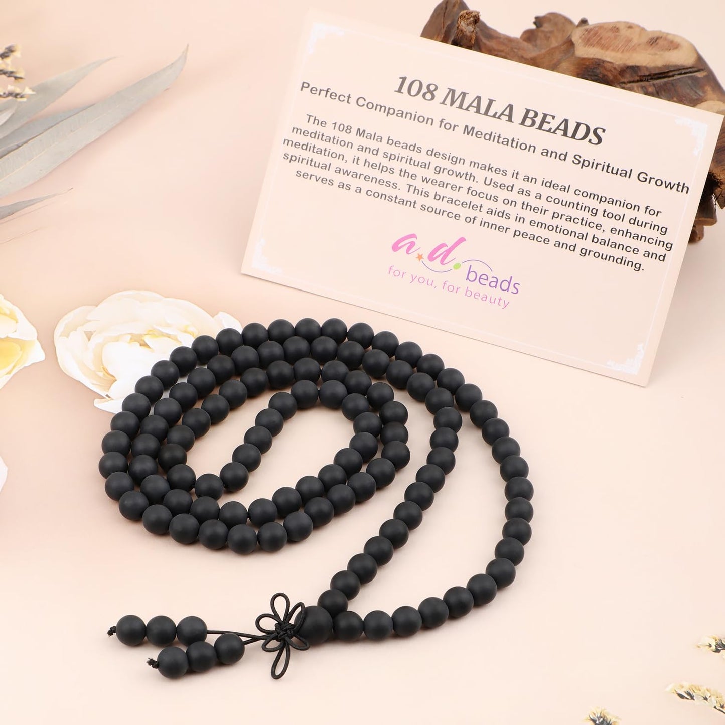 AD Beads 8mm 108 Prayer Mala Matte Onyx Elastic Bracelet - Peace and Tranquility - Handmade Yoga Meditation Healing Power Energy Gifts for Unisex Adult.