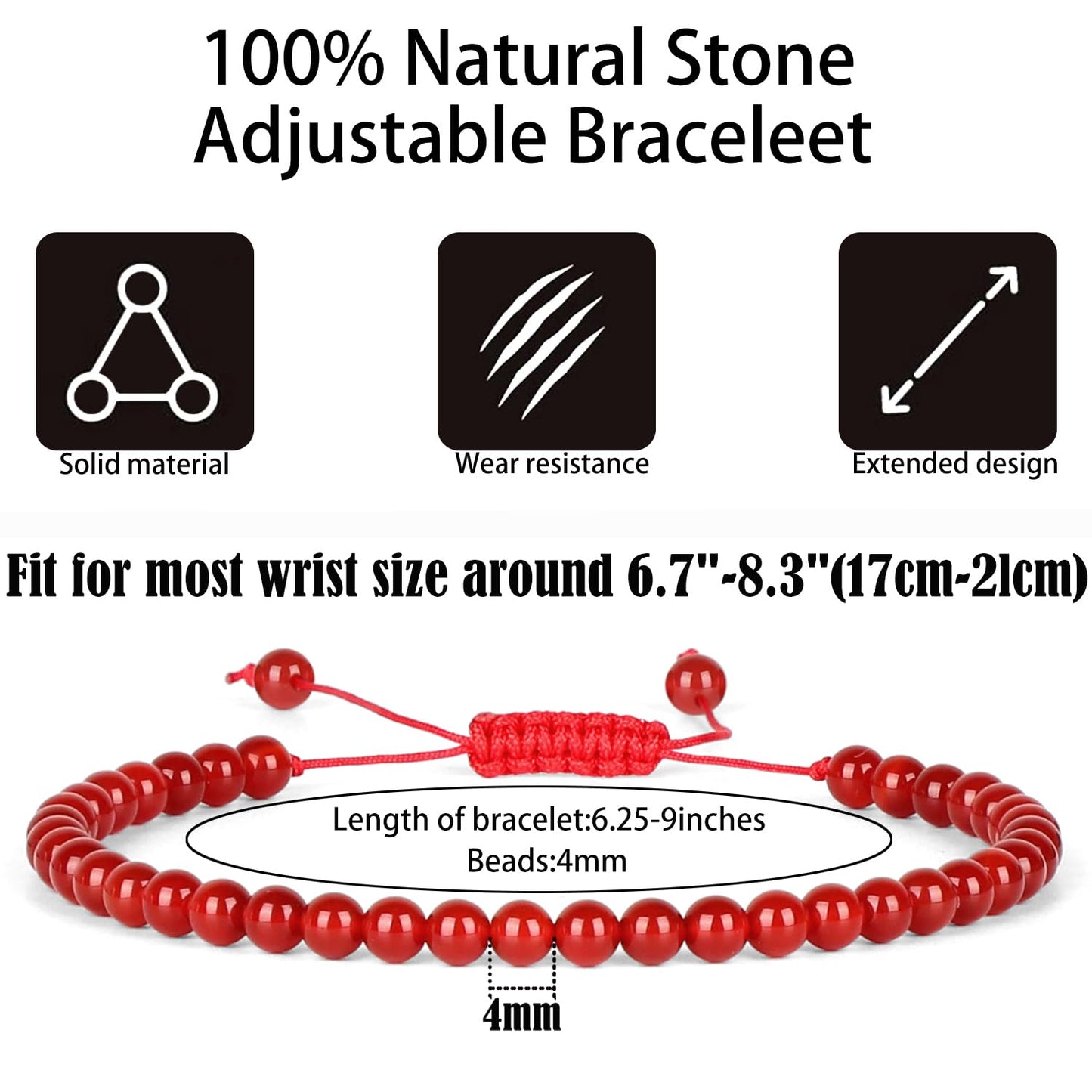 QOGIR Handmade Healing Stones Bracelet,4mm Natural Carnelian Gemstone Beads Bracelet, for Men Women Gifts with 2PCS Size Adjustable Rope Bracelets