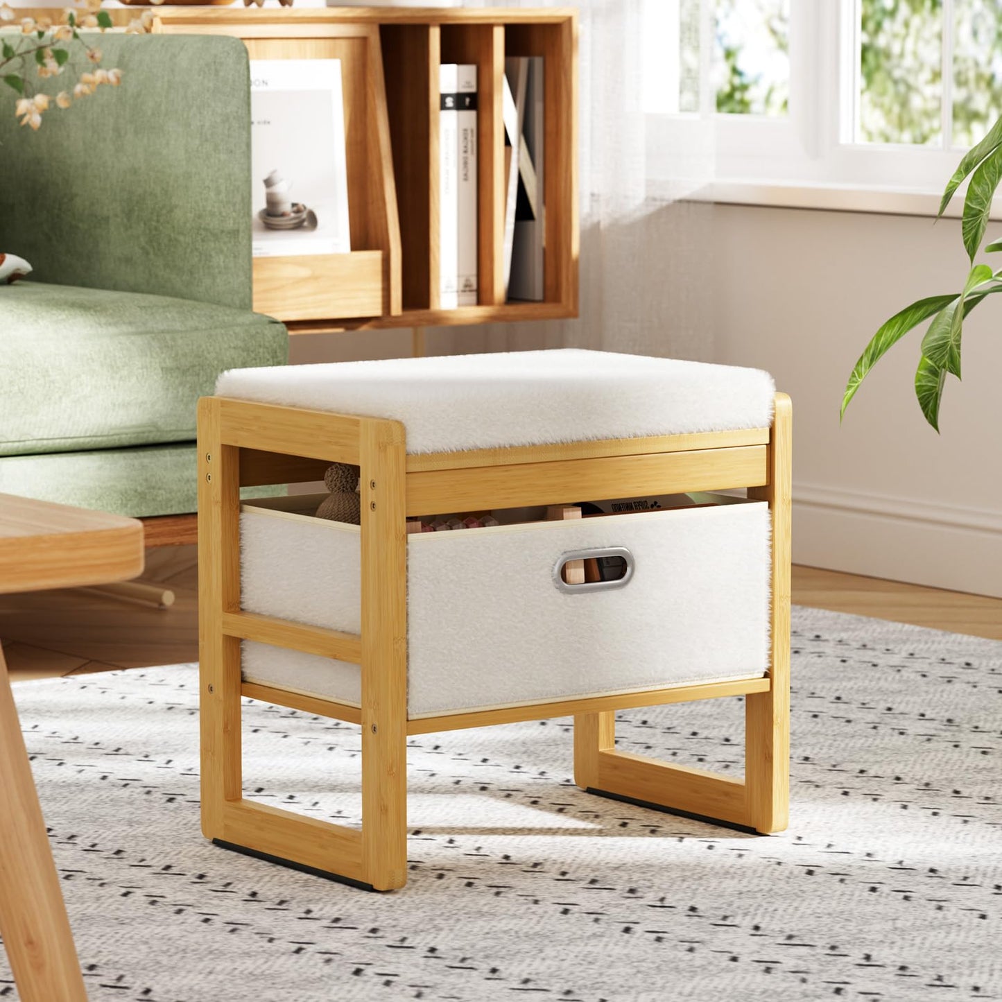 Atoping Storage Ottoman, Bamboo Footstool with Drawer, 3-in-1 Soft Ottoman with Storage, Multifunctional Footrest, Seat & Organizer for Living Room, Bedroom, Entryway Gift Set for Family