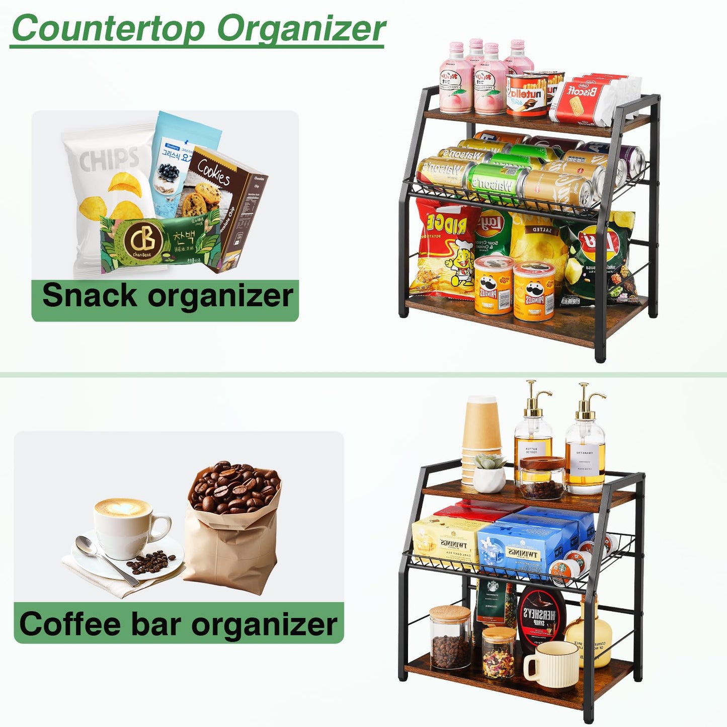 YIYYZI Kitchen Countertop Organizer, Snack Organizer Candy Display Stand Coffee Station Organizer, 3 Tier Wooden Counter Storage for Soda Cans Condiment Tea, for Pantry Office Bathroom, White (Black)