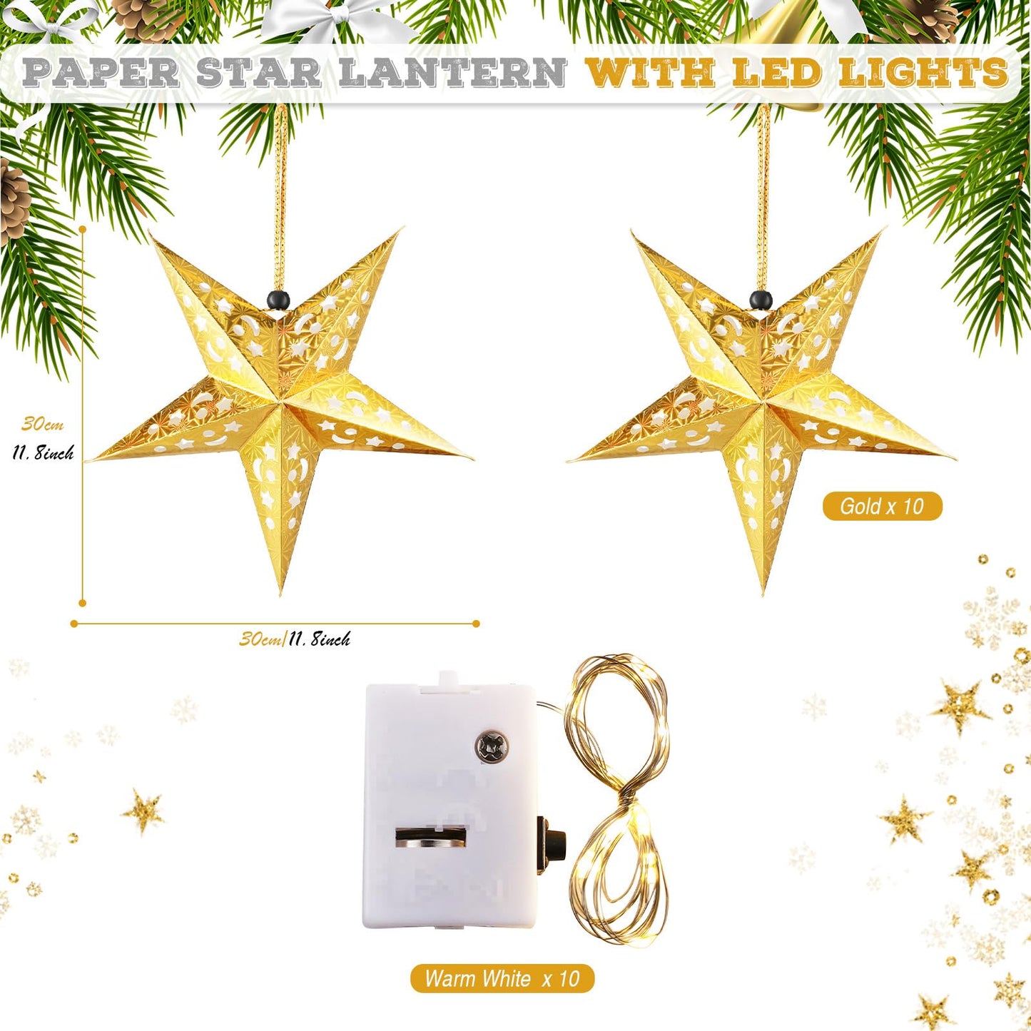 Zhanmai 10 Pcs Large 3D Gold Paper Star Lantern with 10 LED Lights 11.8 Inch 5 Point Hollow Hanging Paper Star Lampshade Decoration Light Lanterns for Wedding Birthday New Year Party Home Decor