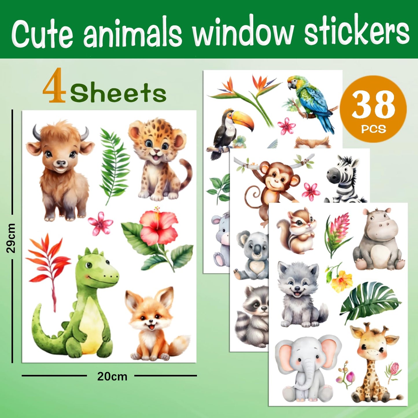 38 Animal Window Stickers, Cute Elephant, Monkey, Bird Window Stickers, Perfect for Parties, Decorating Rooms, Living Rooms, Kitchens, bathrooms, refrigerators, Tile Stickers