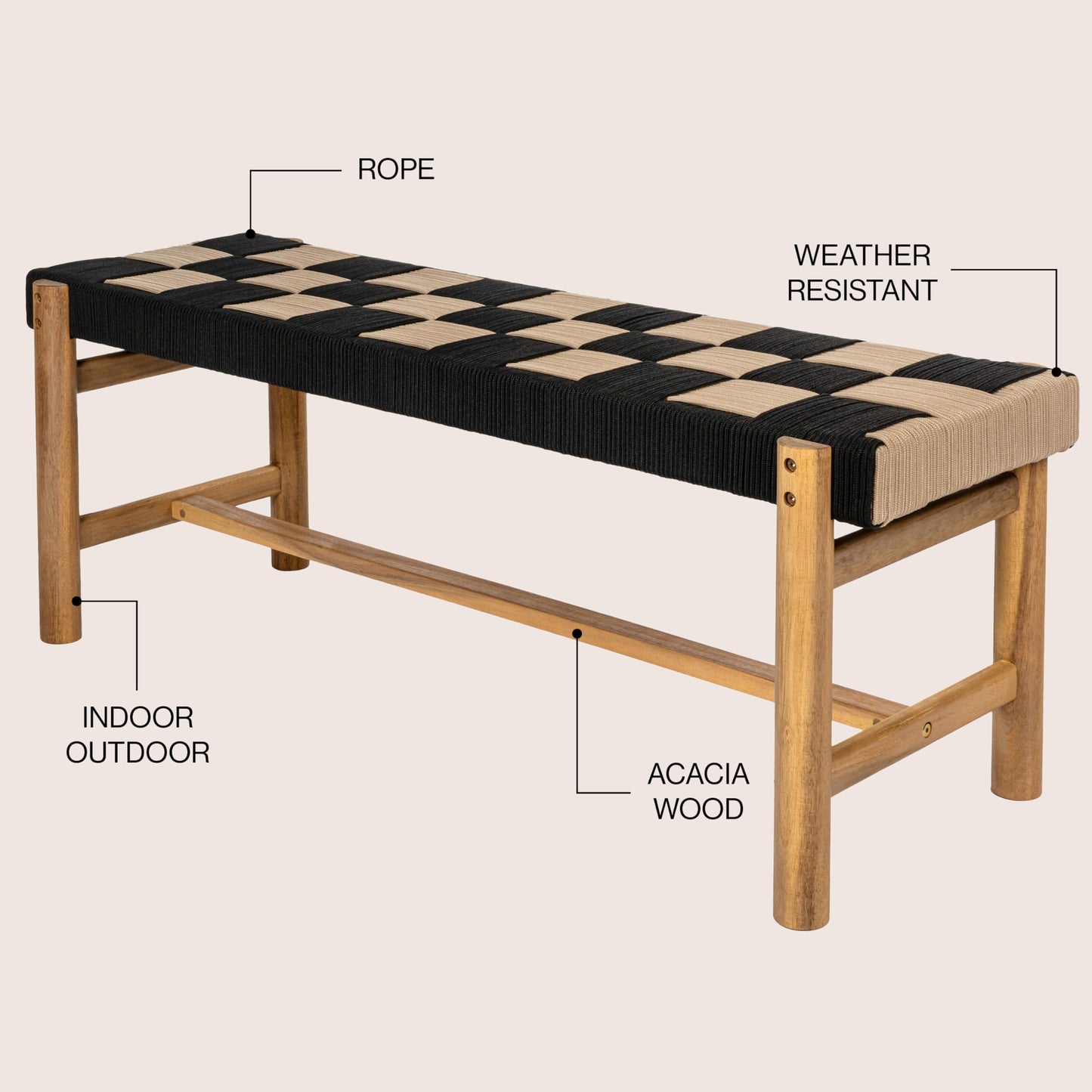 JONATHAN Y BNH202A Denis 48" 2-Seat Backless 700-Lbs Support Acacia Wood Outdoor Bench with Checkerboard Woven Rope Seat for Patio, Garden, Lawn, Backyard, Pool, Deck, Beach, Black/Beige