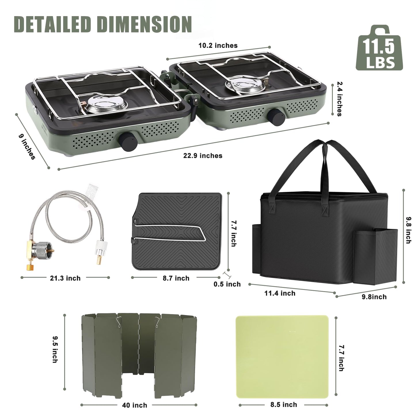 Hisencn Camping Stove,2 Burner Propane Camping Stove with Windscreen,30,000 BTU Portable Propane Stove with Carry Bag,Outdoor Cooking Stove set for Camping Gear,RV Essentials,Camp Gifts for Man,Green