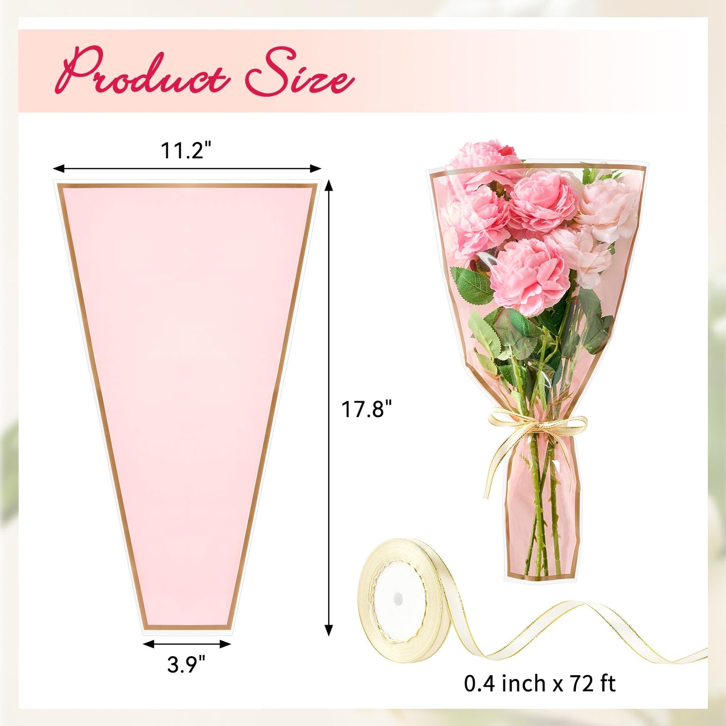 Mauproy 50 Pack Pink Flower Bags for Bouquets, 17.8 x 11.2 Inches Plastic Flower Sleeves Clear Front Floral Wraps with Ribbons for Mother's Day Florist Packaging Supplies