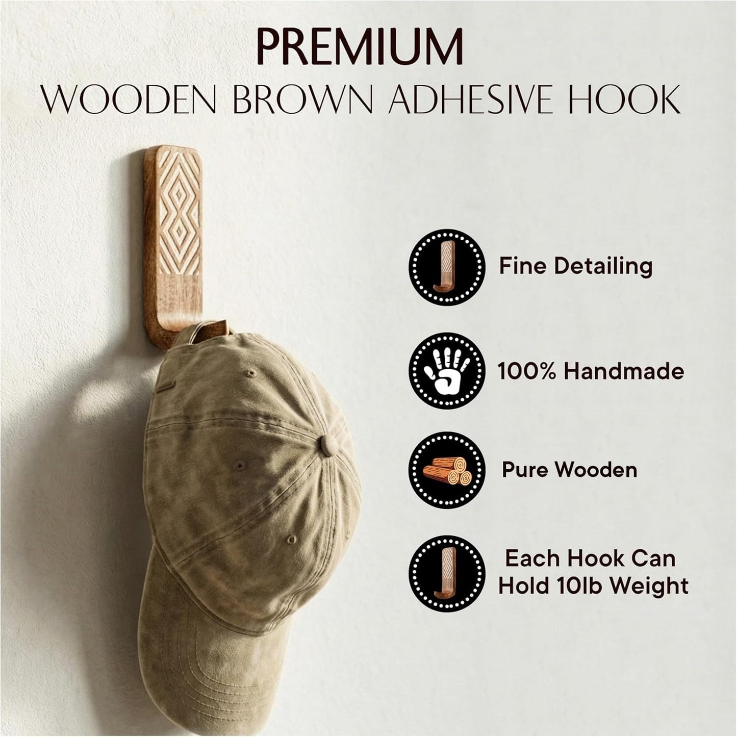 Indian Shelf Boho Wood Adhesive Wall Hooks - 3 Pack Decorative Peel and Stick Key Hooks - Unique Wall Hangers for Bathroom & Entryway