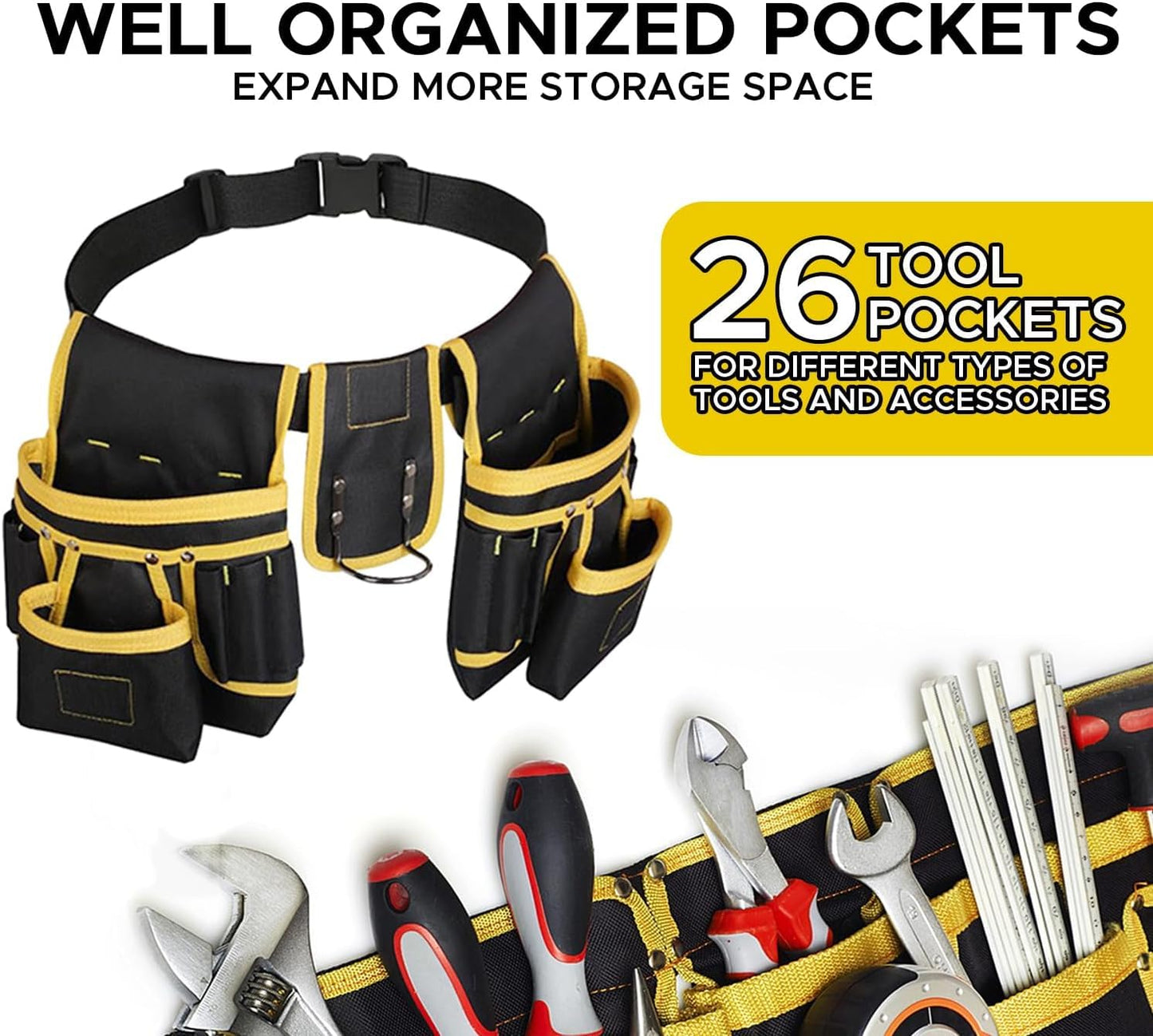 Tool Belt with 27 Pockets and 3 Magnetic Zones, Freely-Combinable, Heavy-Duty yet Lightweight Tool Pouch & Tool Belts for Men: Electricians, Carpenters,DIYers–A Great Gift Fathers and Husbands(Yellow)