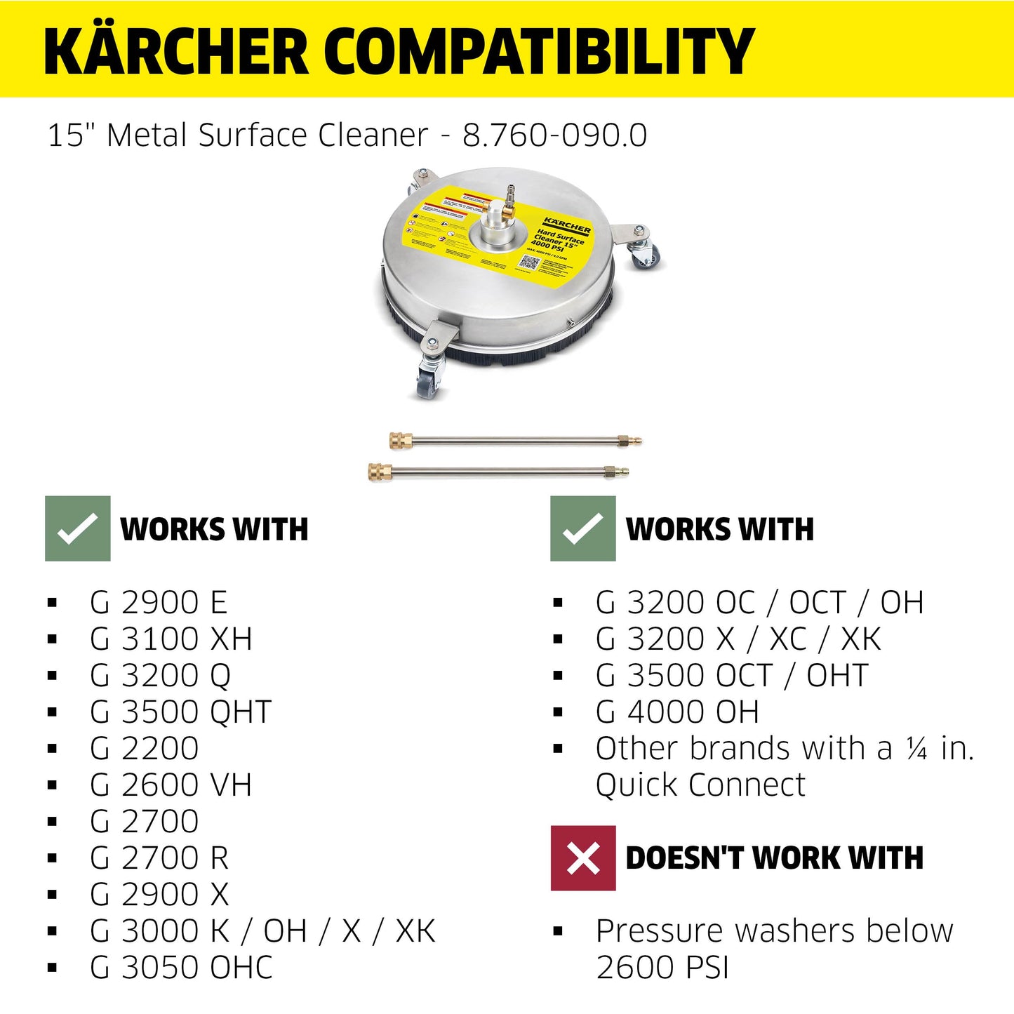 Kärcher Pressure Washer Surface Cleaner 15", 3 Wheels, Stainless Steel, Quick Connect, 4000 PSI, Ideal for Driveways, Patios, Decks, Sidewalks