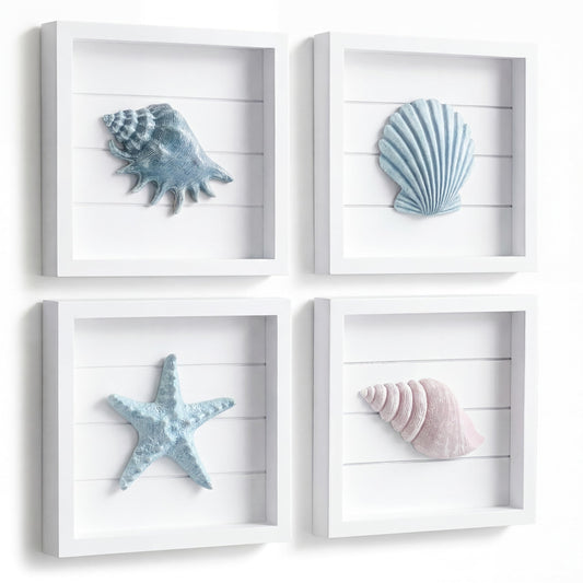 Tide and Tales 3D Seashells & Starfish Coastal Wall Art Decor (Framed Set of 4) Beach Wall Decor for Bathroom or Coastal Bedroom - Ocean Inspired Seaside Decorations for Home or Beach House (7"x7")