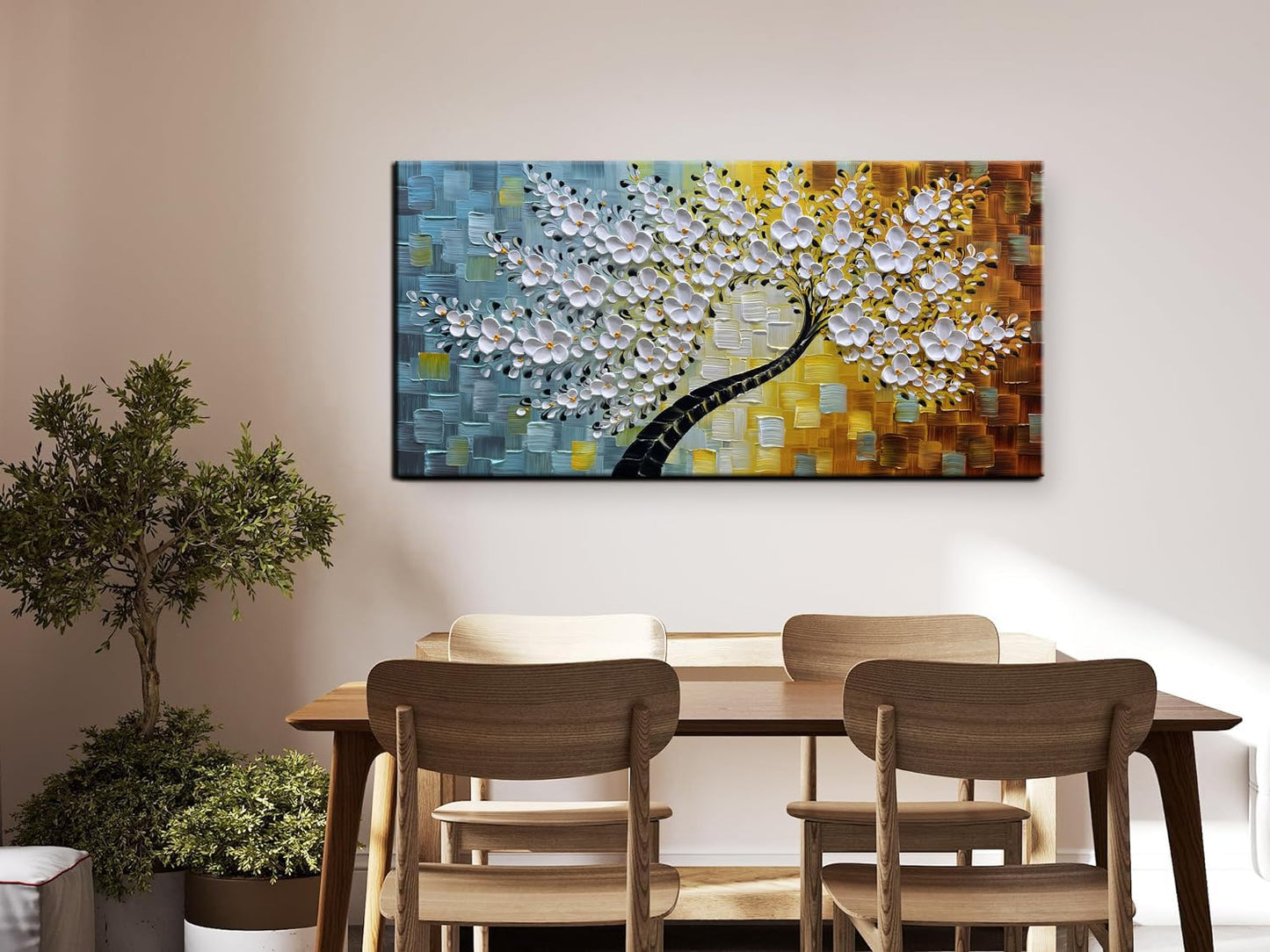 YaSheng Art - Wall Art Oil Painting ,100% HandPainted 3D Texture Wall Art Artwork White Flower Tree Paintings ,Abstract Canvas Wall Art ,Bedroom Dining Room Living Room Modern Wall Art Decor Home , Framed Wall Art Picture 24x48inch
