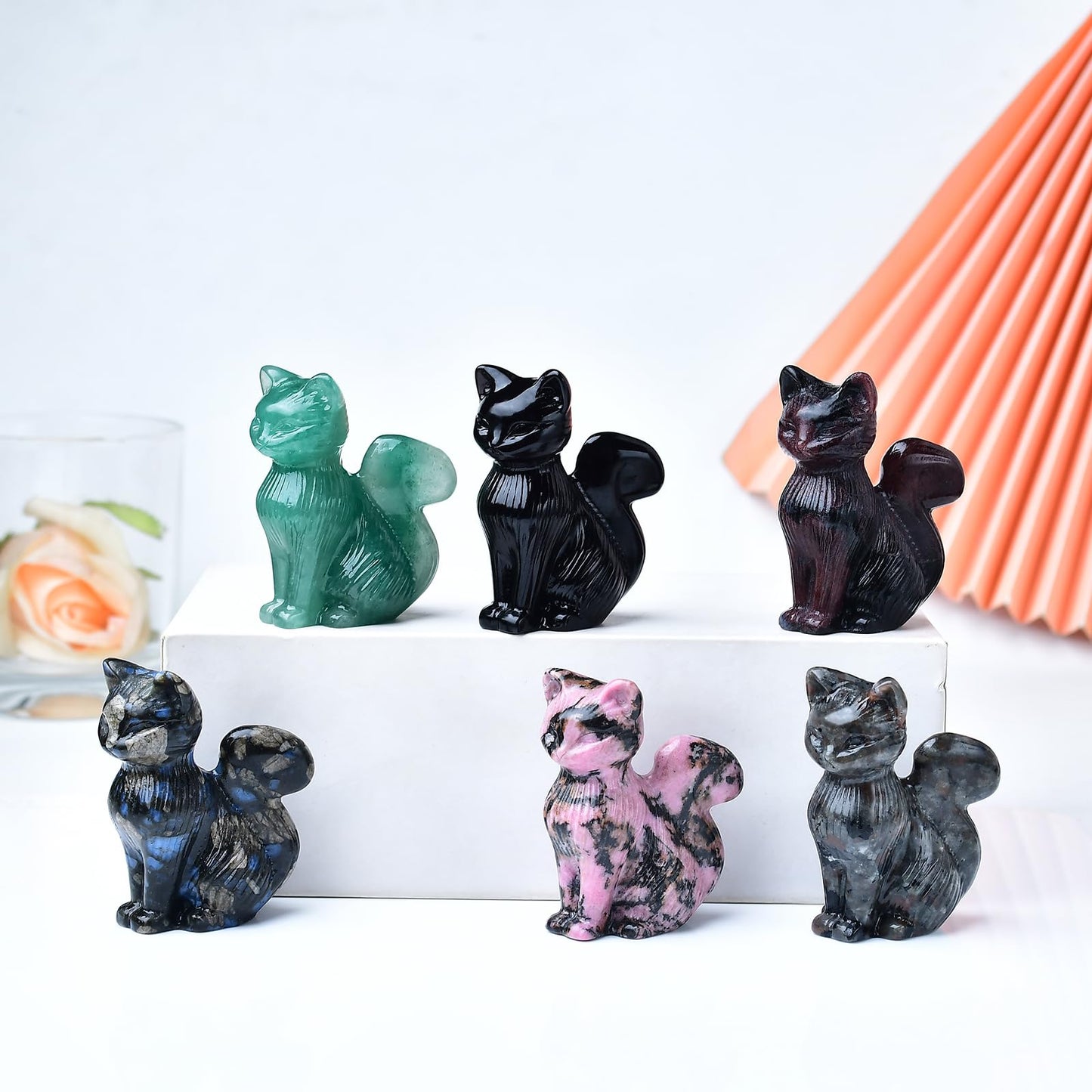 WUYOUSHI Natural Obsidian Crystal Cat Statue 2.4 Inch - Handmade Healing Sculpture, Lucky Guardian Pocket Statue for Reiki Meditation, Office & Home Decoration Gift