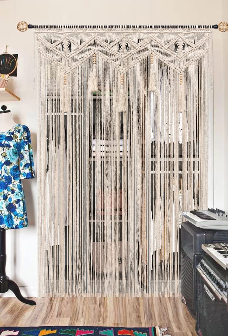 GCOVELIS Boho Curtains for Bedroom Macrame for Windows Living Room Boho Decor Large Macrame Wall Hanging Beaded Curtain for Doorway Closet Curtains Wedding Backdrop, 1 Panel 52''W x 72''L