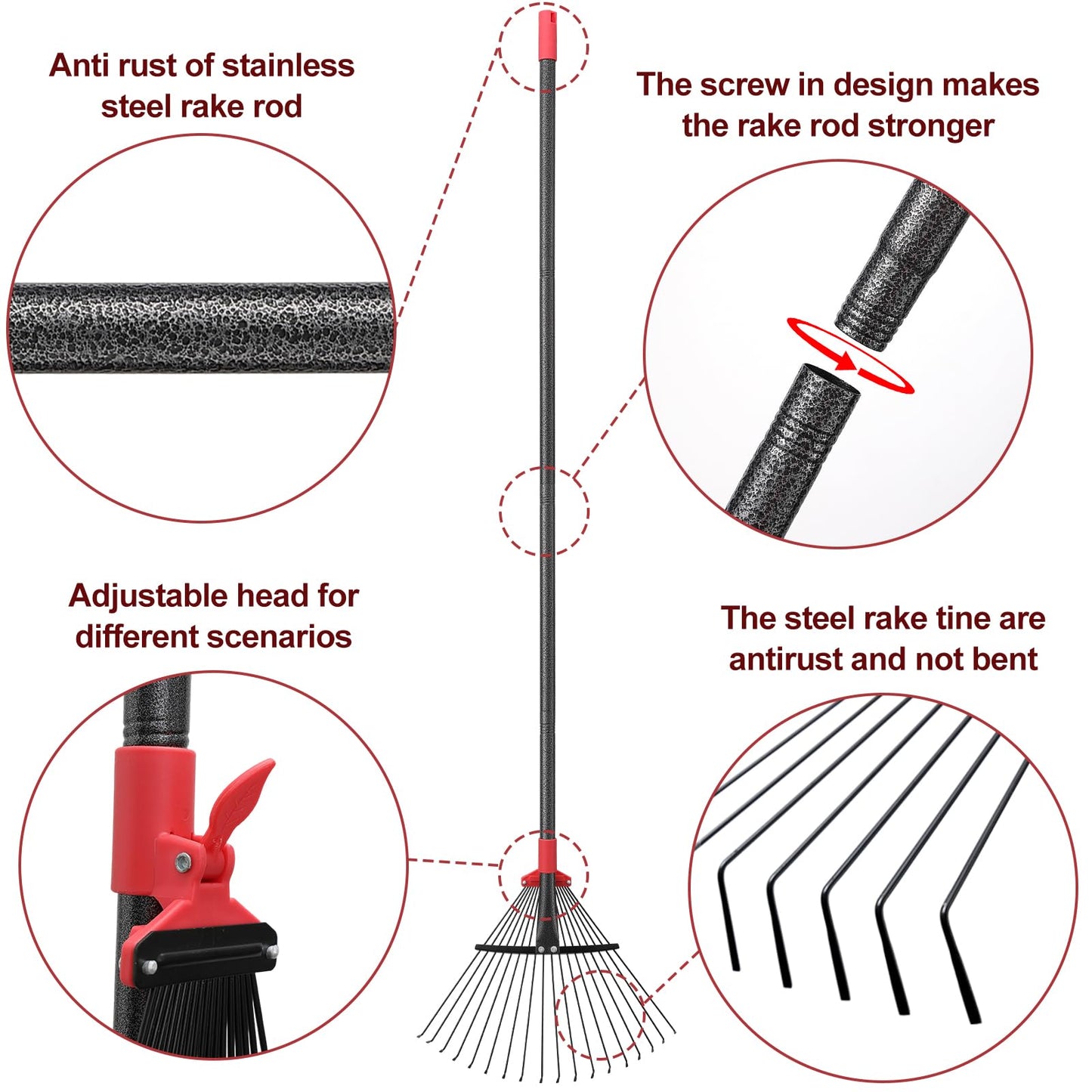 76Inch Adjustable Metal Leaf Rake, 18 Metal Tines Heavy Duty Leaves Rake for Lawns with 8-18" Expandable Head Long Handle Garden Rakes for Women Kids Leaves Yard Gardening Grass Outdoor Camping Debris