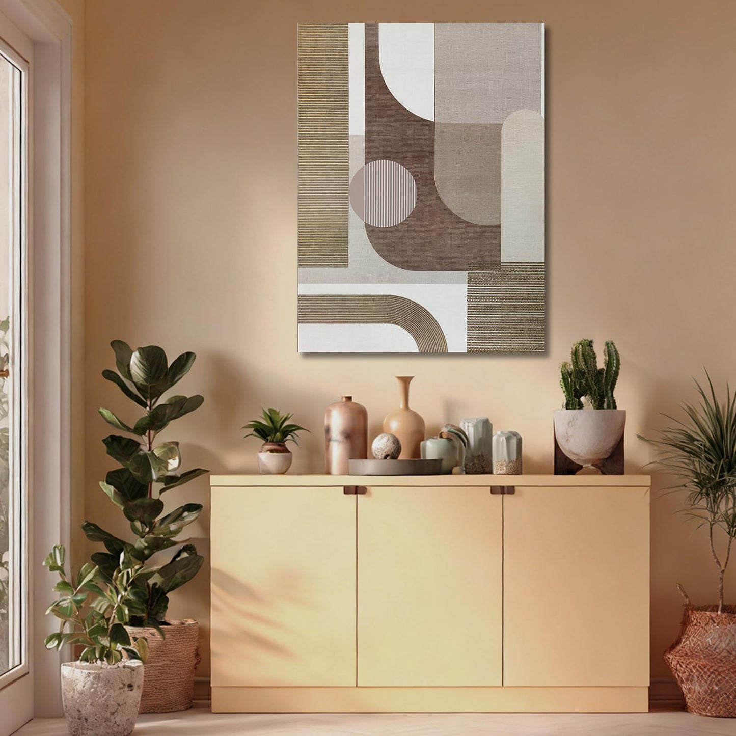 ZENPEE Neutral Beige/Taupe Geometric Wall Art, Minimalist Abstract Canvas Print, Framed & Ready to Hang, Modern Decor for Living Room and Bedroom, 32 x 24 Inches