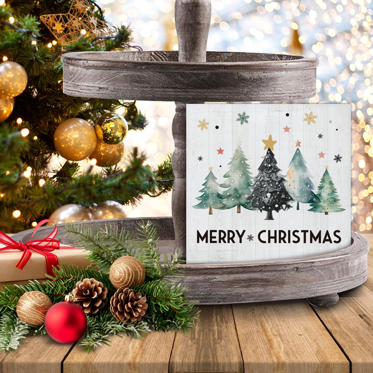 Merry Christmas Decorations - Christmas Tree Decor, Rustic Vacation Wooden Sign, Home Office Decor for Desk Table Shelf 5 X 5 Inches