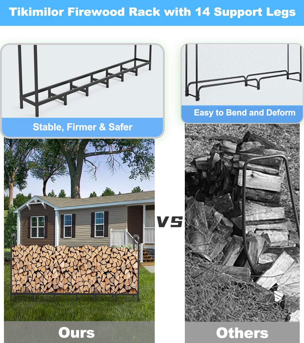Tikimilor 8ft Firewood Rack Holder, Adjustable Heavy Duty Fire Log Stacker Stand for Fireplace, Outdoor Indoor Metal Wood Pile Storage Organizer, Patio Logs Stand tool, Black