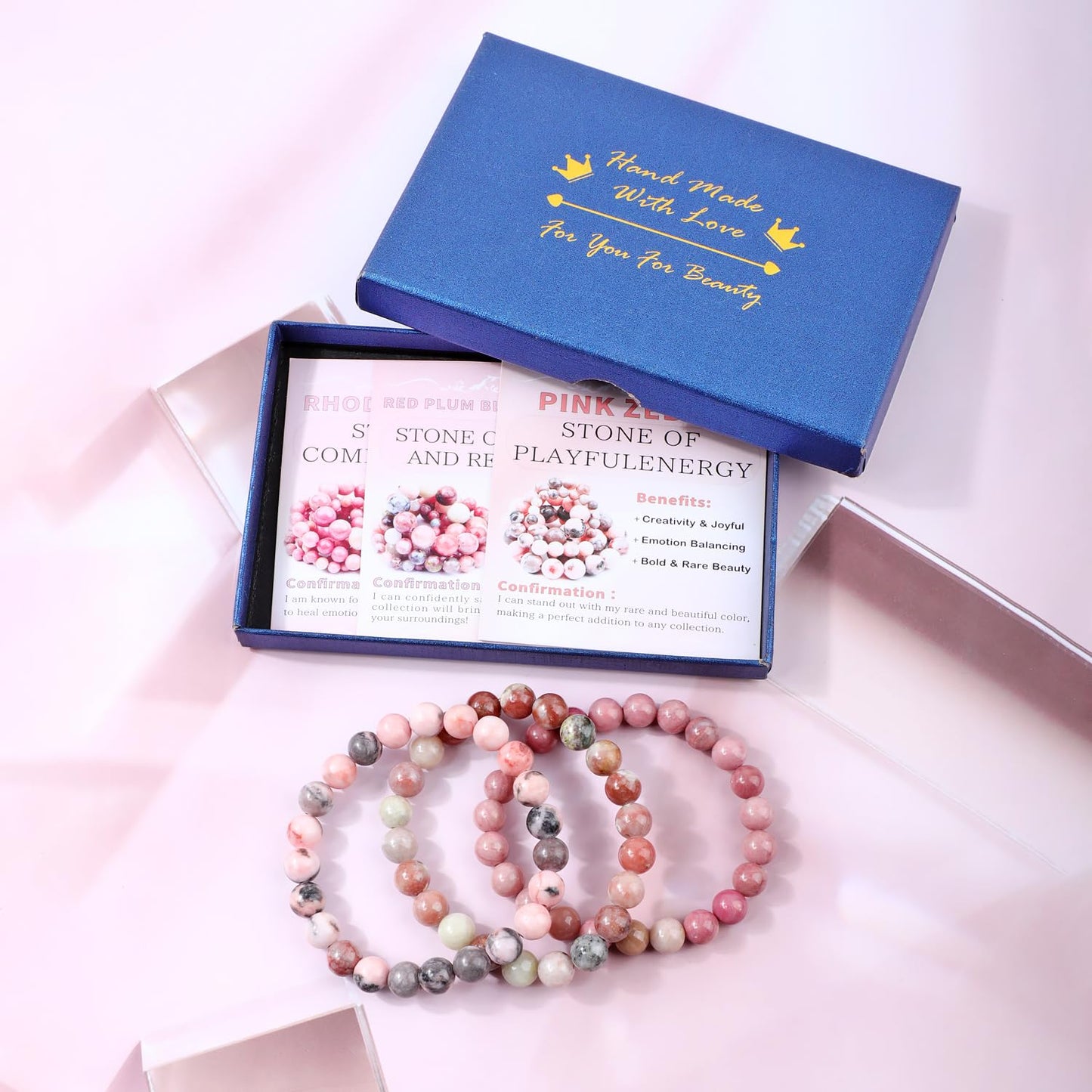 NCB 3-Piece 8mm Natural Crystal Gemstone Stretch Bracelets – ﻿Rhodochrosite, Pink Zebra, Pink Black Rhodonite Handmade Reiki Energy Healing Jewelry for Meditation,Yoga, Unisex